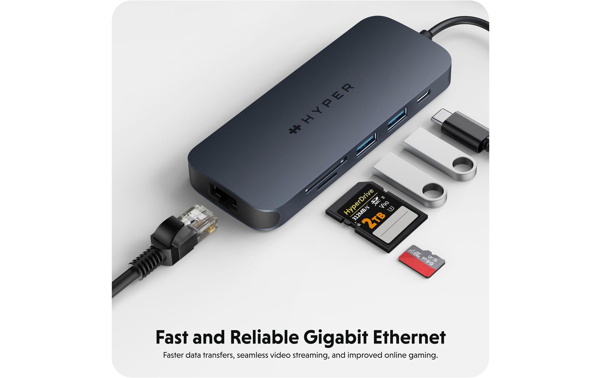 HYPER HD4004GL USB-Hub – USB-C, 1× HDMI, 2× USB-A, 2× USB-C, 140 W PD, GbE, für Windows/Mac/ChromeOS