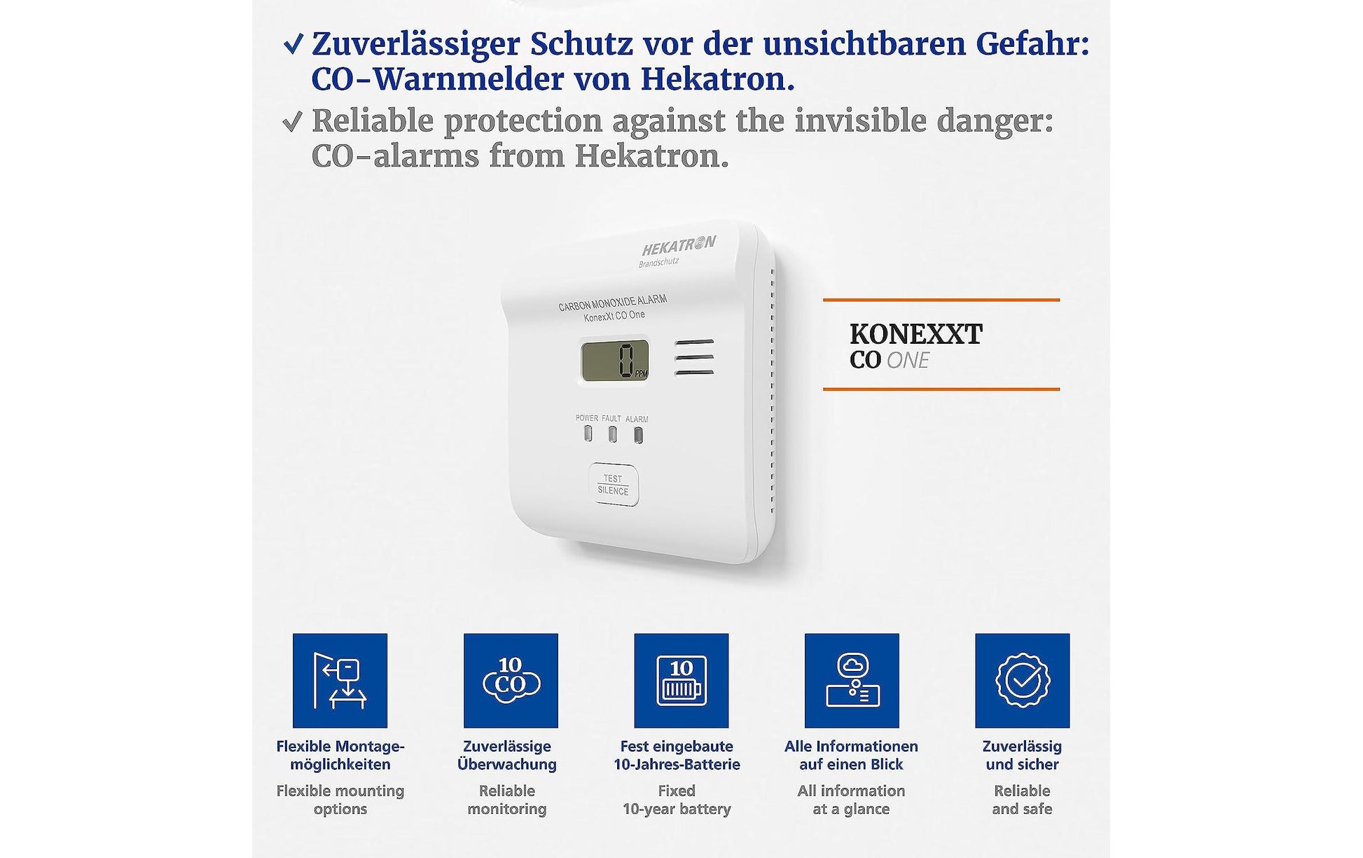 Hekatron KONEXXT CO One – CO-Melder, 10-Jahres-Batterie, 85 dB, DIN EN 50291-1 – Weiss, für Smartsonic