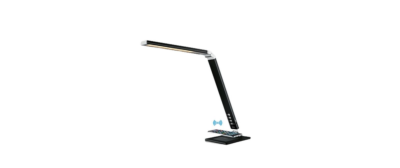 Hansa LED Tischleuchte Magic Plus – Qi & USB, 5-stufig dimmbar – 3000–6000 K – 500 lm 10 W – schwarzes Aluminium