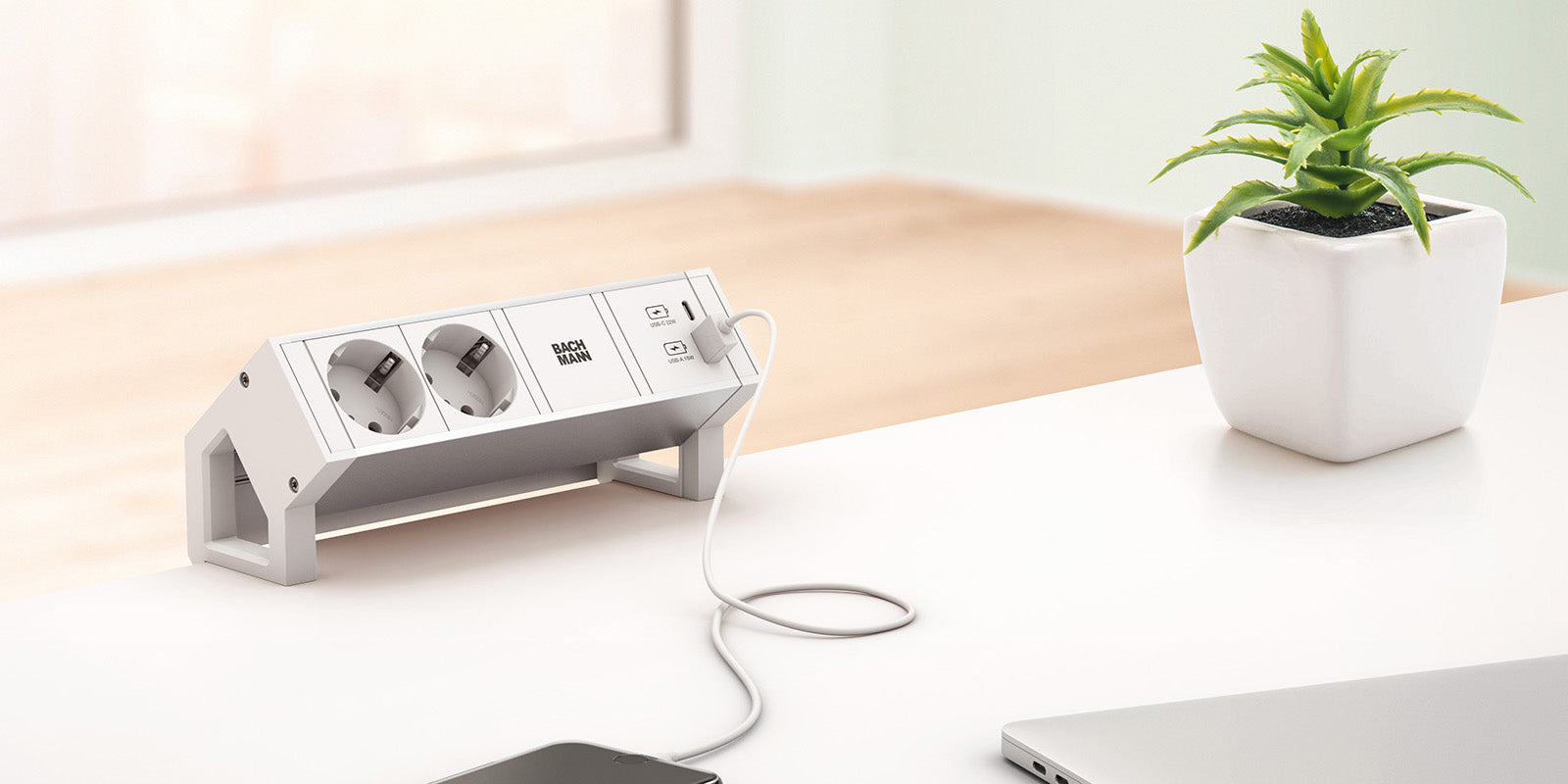 Bachmann DESK2 – Tischsteckdosenleiste, 2× T13, 2× USB-C (100 W), ohne Schalter, 0,2 m