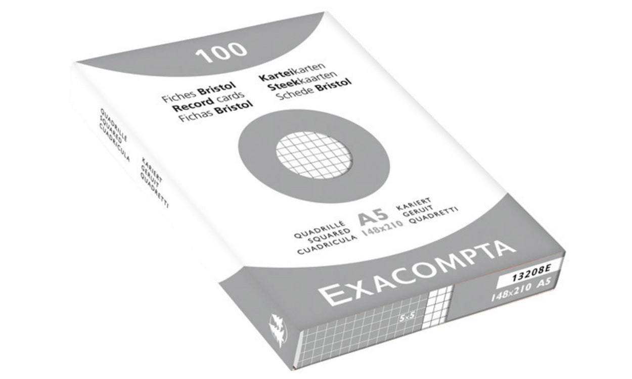 Exacompta Karteikarte A5 quer, kariert, weiss, 205 g/m², Karteikarton – 100 Stück