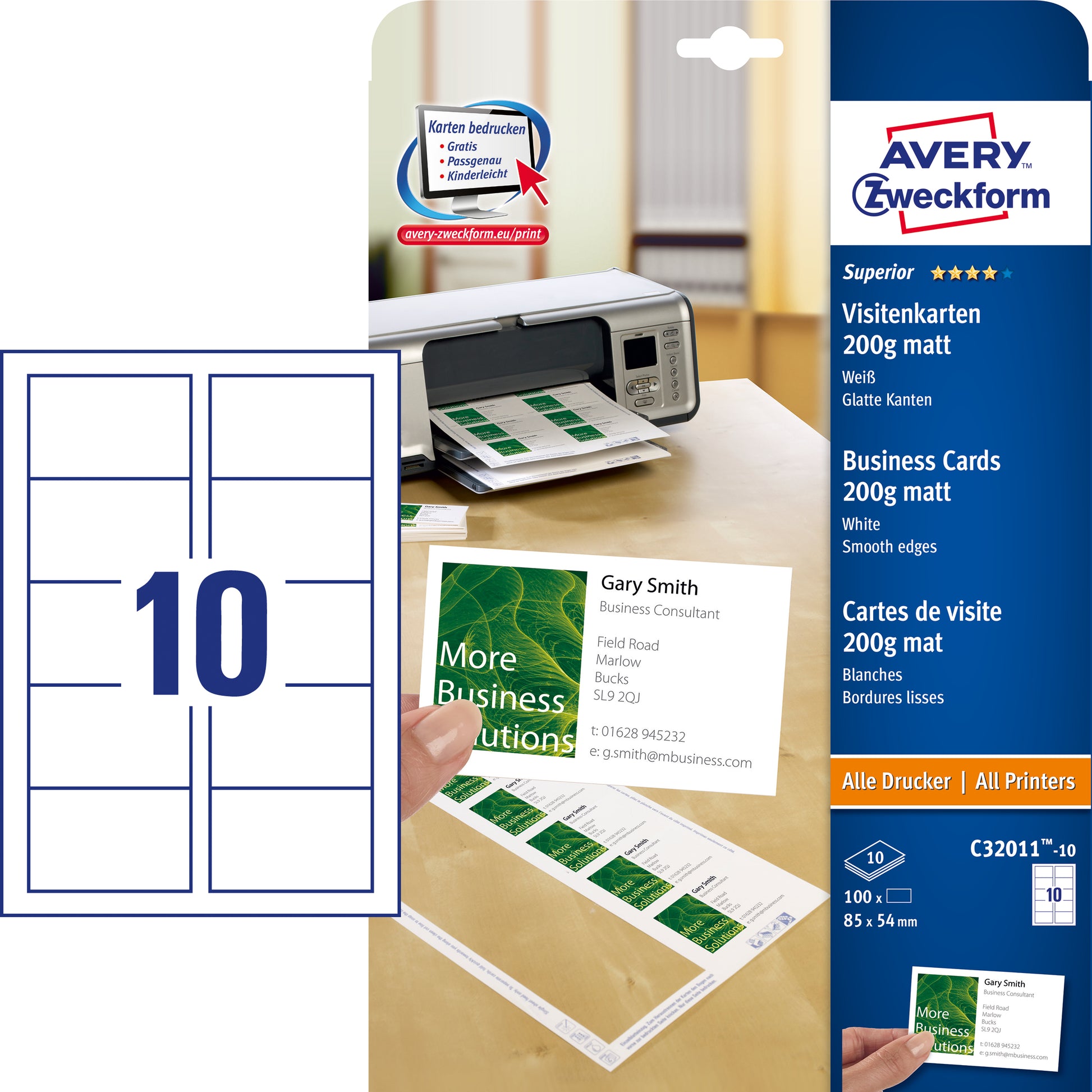Avery Visitenkarten, 85 × 54 mm – für Laser/Inkjet/Kopierer – A4, 10 pro Blatt – 100 Karten – FSC-zertifiziert