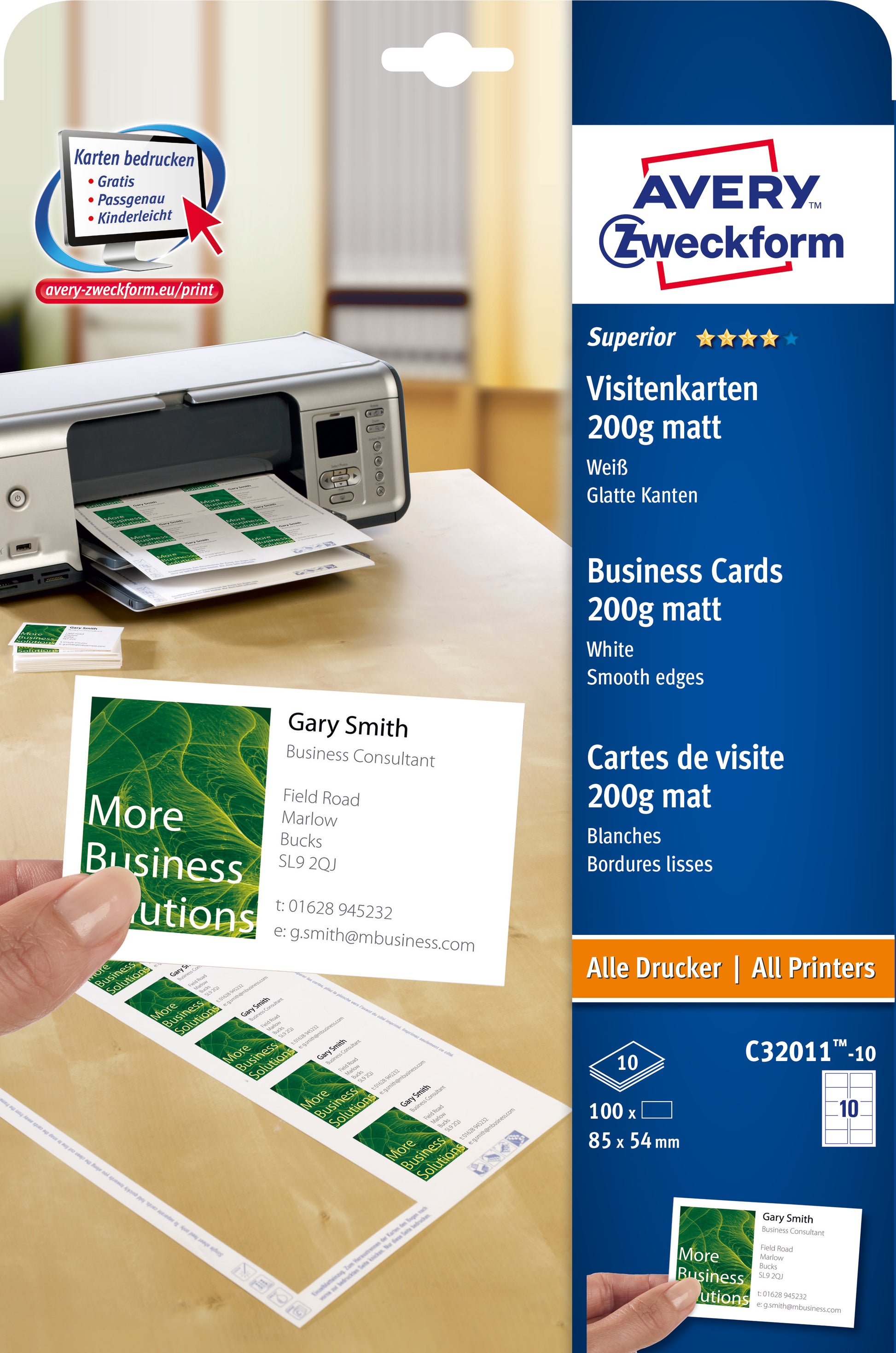 Avery Visitenkarten, 85 × 54 mm – für Laser/Inkjet/Kopierer – A4, 10 pro Blatt – 100 Karten – FSC-zertifiziert