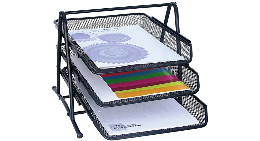 Wedo Briefkorb – Metall, für A4, C4, 3 Fächer, stapelbar, matt, schwarz, B 350 × H 270 × T 300 mm