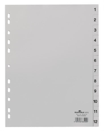 Durable Register A4 Vollformat Hoch – Nummeriert 1–12, PP, Grau, Umschweisste Taben, Einsteckschilder