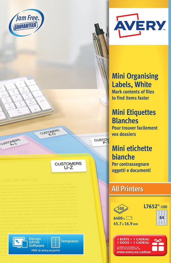Avery L7652-100 – Etiketten A4 46 × 17 mm – Papier – permanent haftend – Laser – 64/Stück, 100 Blätter