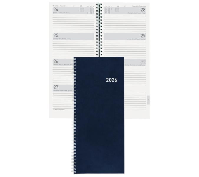 Biella Agenda – 1 Woche/2 Seiten, Spiralbindung, 13,5 × 31,5 cm, Jan–Dez, 2026, Dunkelblau, FSC