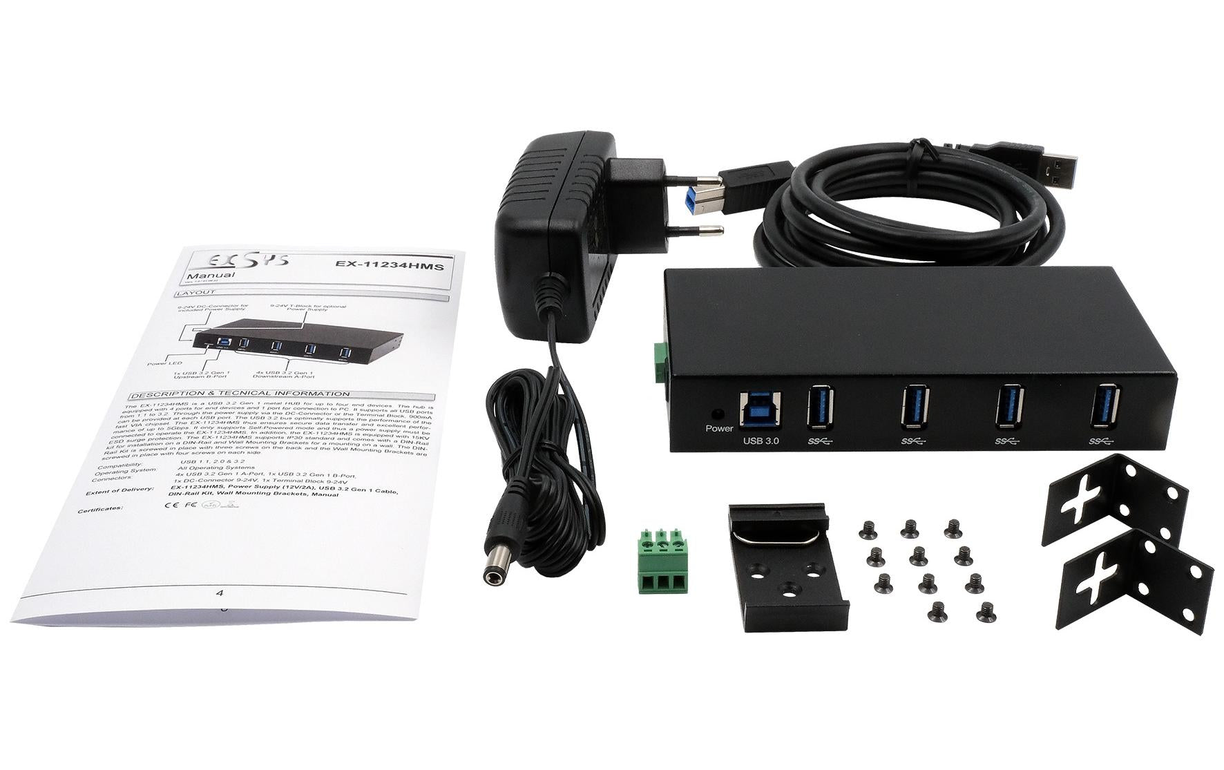EXSYS EX-11234HMS USB-Hub – USB-B, 4× USB-A, für Windows/Mac/Linux