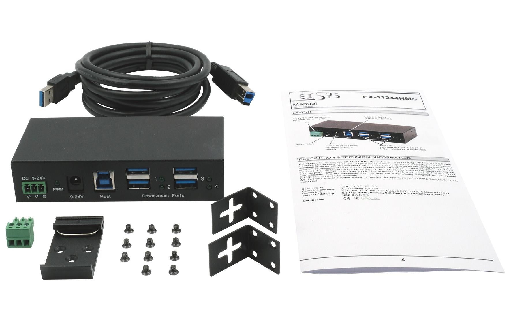 EXSYS EX-11244HMS USB-Hub – USB-B, 4× USB-A, für Windows/Mac/Linux