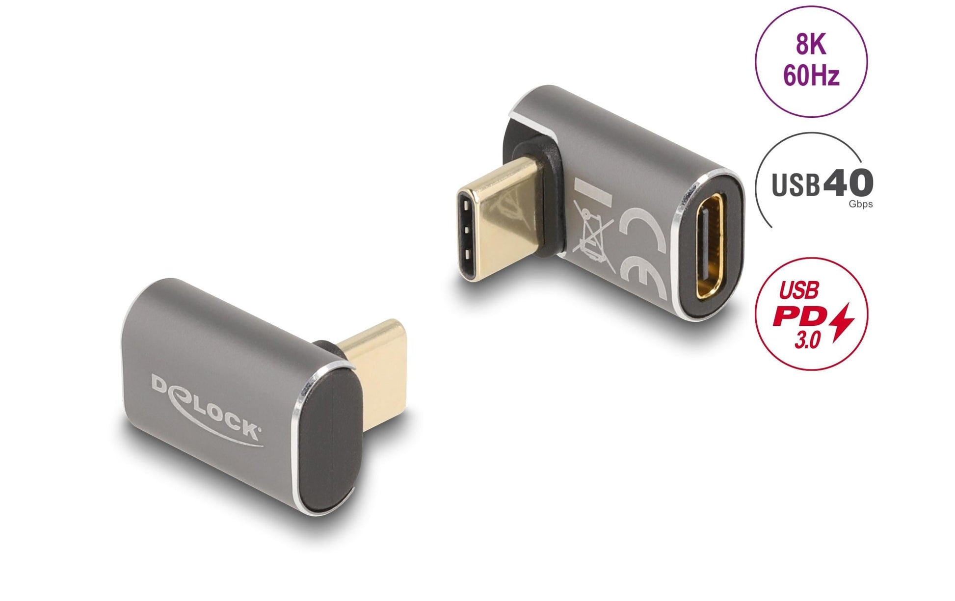 DeLOCK USB-Adapter USB-C auf USB-C – USB4 40 Gbit/s – PD 100 W – Abgewinkelt, Metallgehäuse – Grau