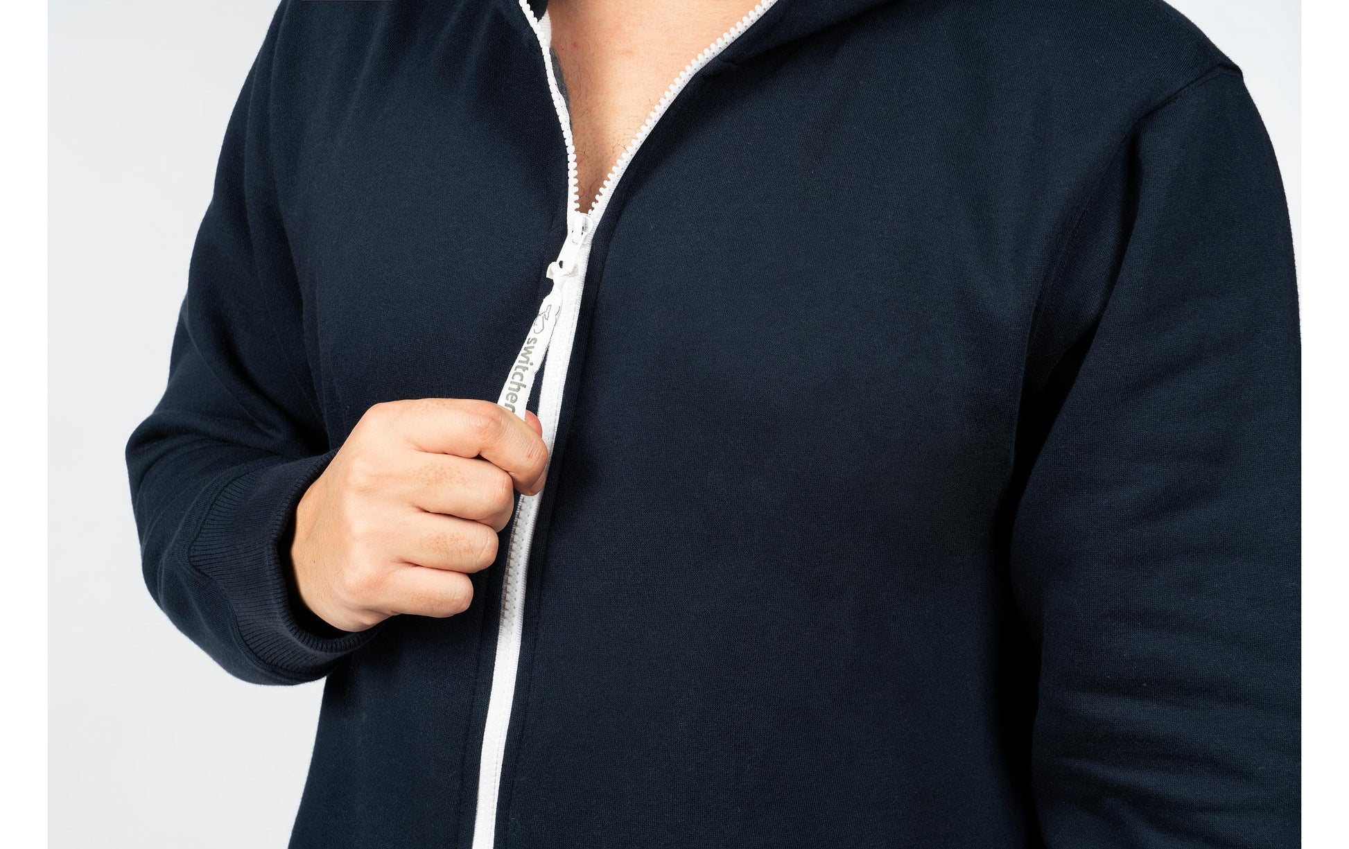 Switcher Jumpsuit – langarm, Reissverschluss, Känguru- + 2 Seitentaschen – Grösse L, dunkelblau, Baumwolle