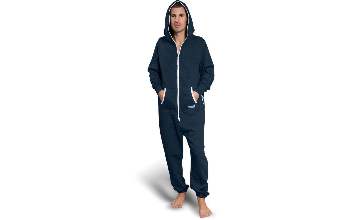 Switcher Jumpsuit – langarm, Reissverschluss, Känguru- + 2 Seitentaschen – Grösse L, dunkelblau, Baumwolle
