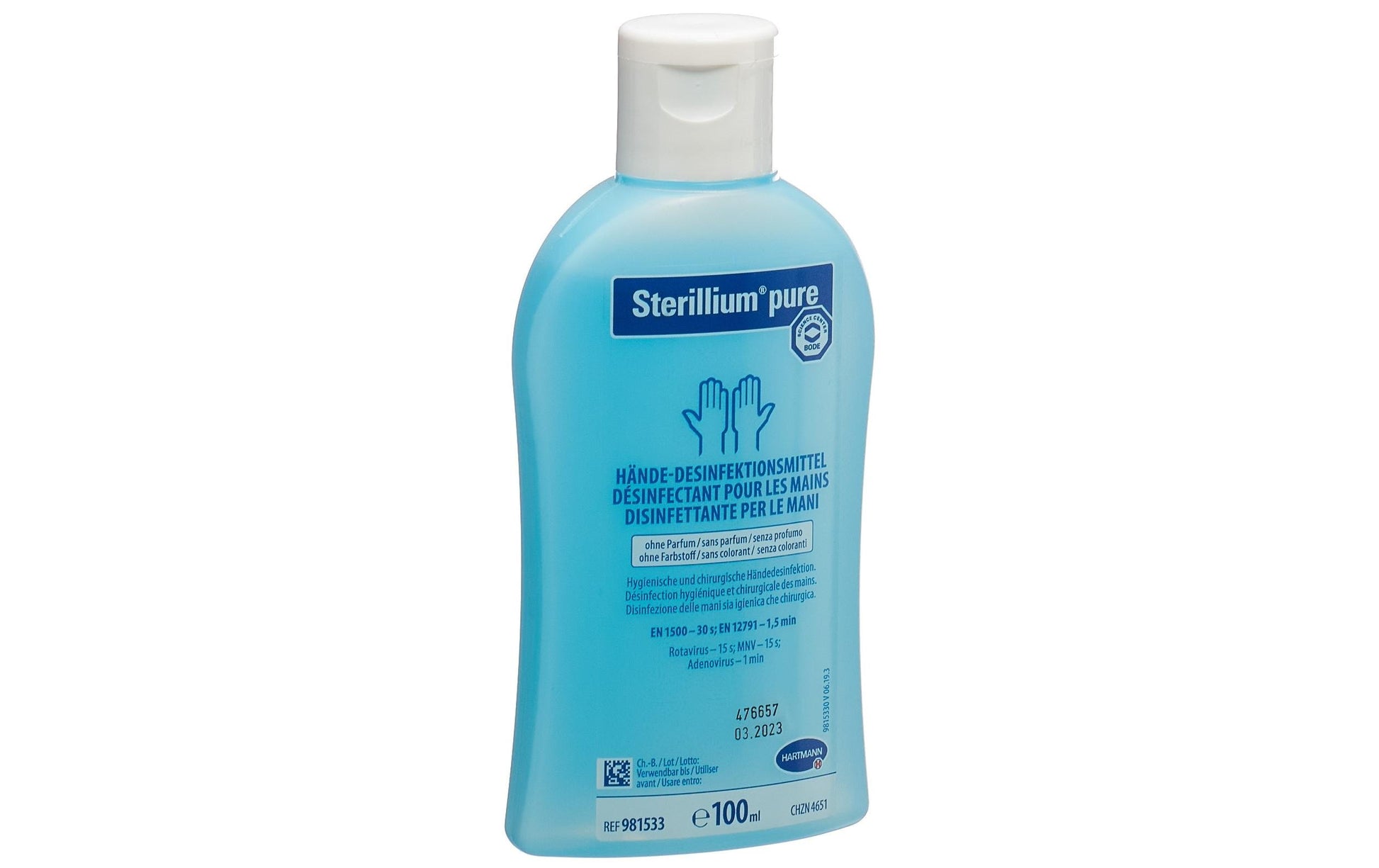 Sterillium Desinfektionsmittel – weiss, 100 ml, hautverträglich, parfüm- und farbstofffrei, recyclingfähig