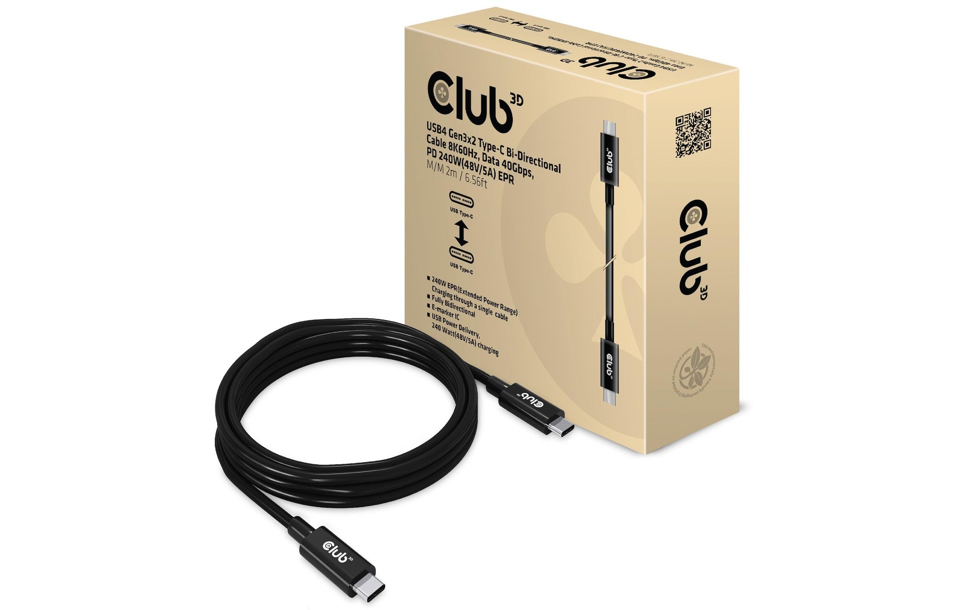 CLUB3D Club 3D – USB-C auf USB-C Kabel – USB4 40 Gbit/s – 2 m – PD 240 W – Schwarz – für Smartphones und mehr