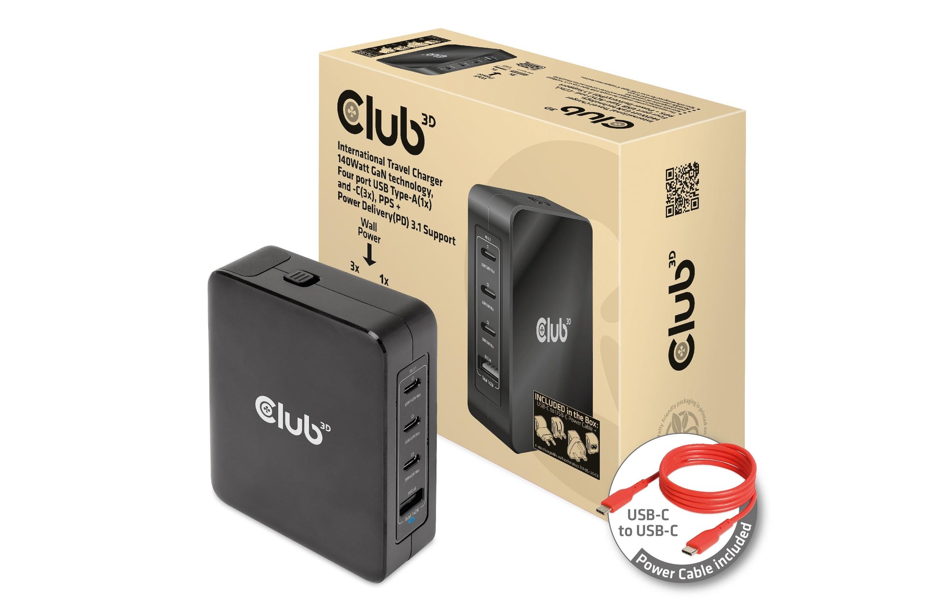 CLUB3D CAC-1917 USB-Desktop-Ladegerät 140 W – USB-C×3, USB-A×1 – PD, GaN