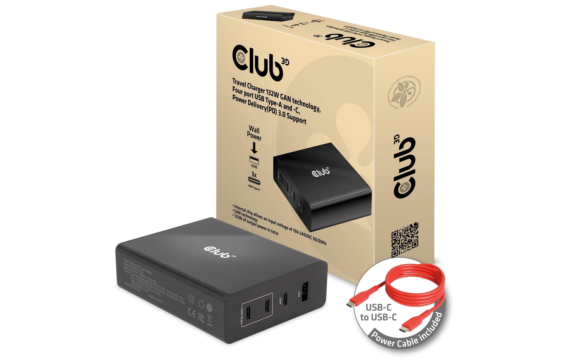CLUB3D Club 3D Ladegerät – 132 W, 1× USB-A + 3× USB-C, PD, GaN