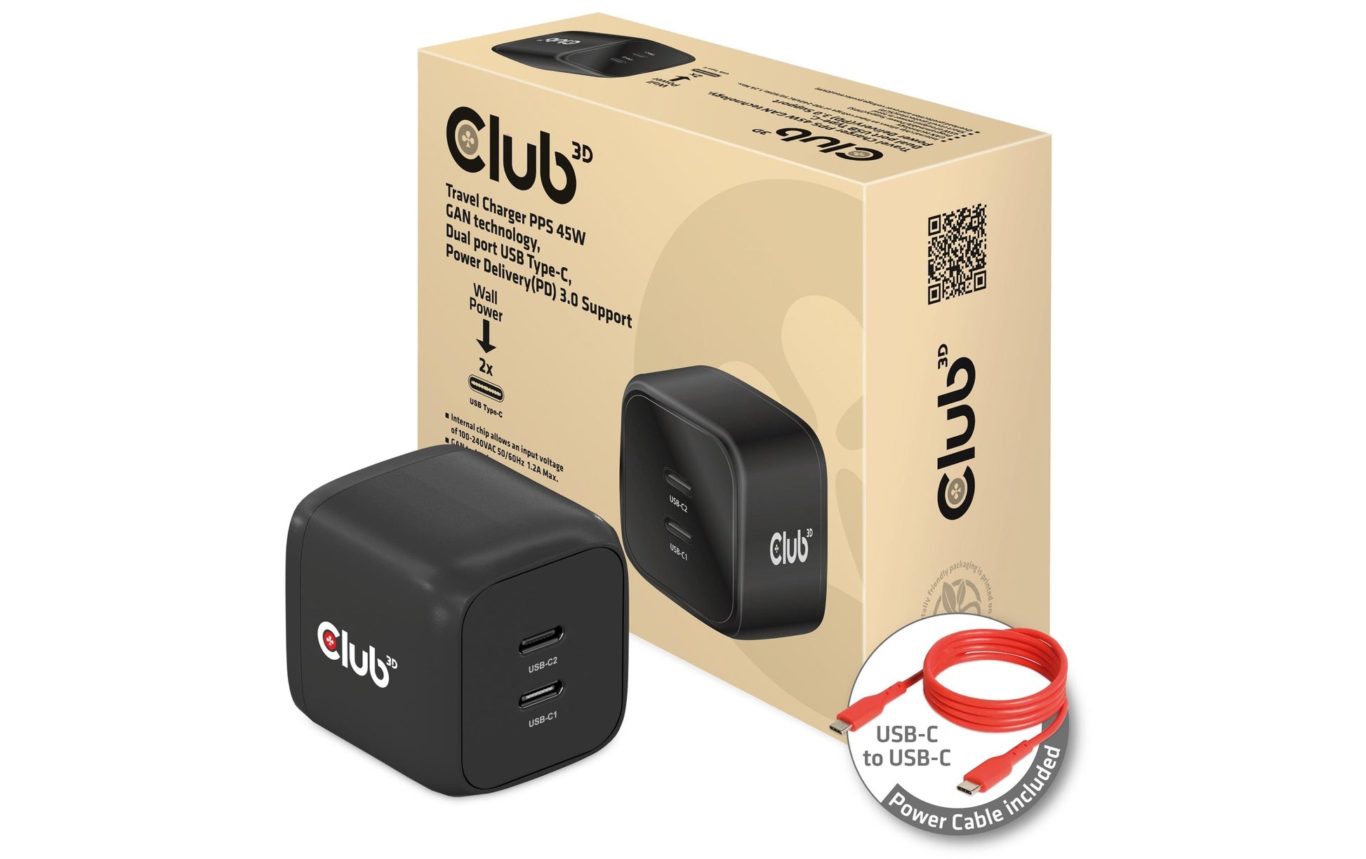 CLUB3D Club 3D USB-Ladegerät 100 W – USB-C×2 – PD, PPS, GaN