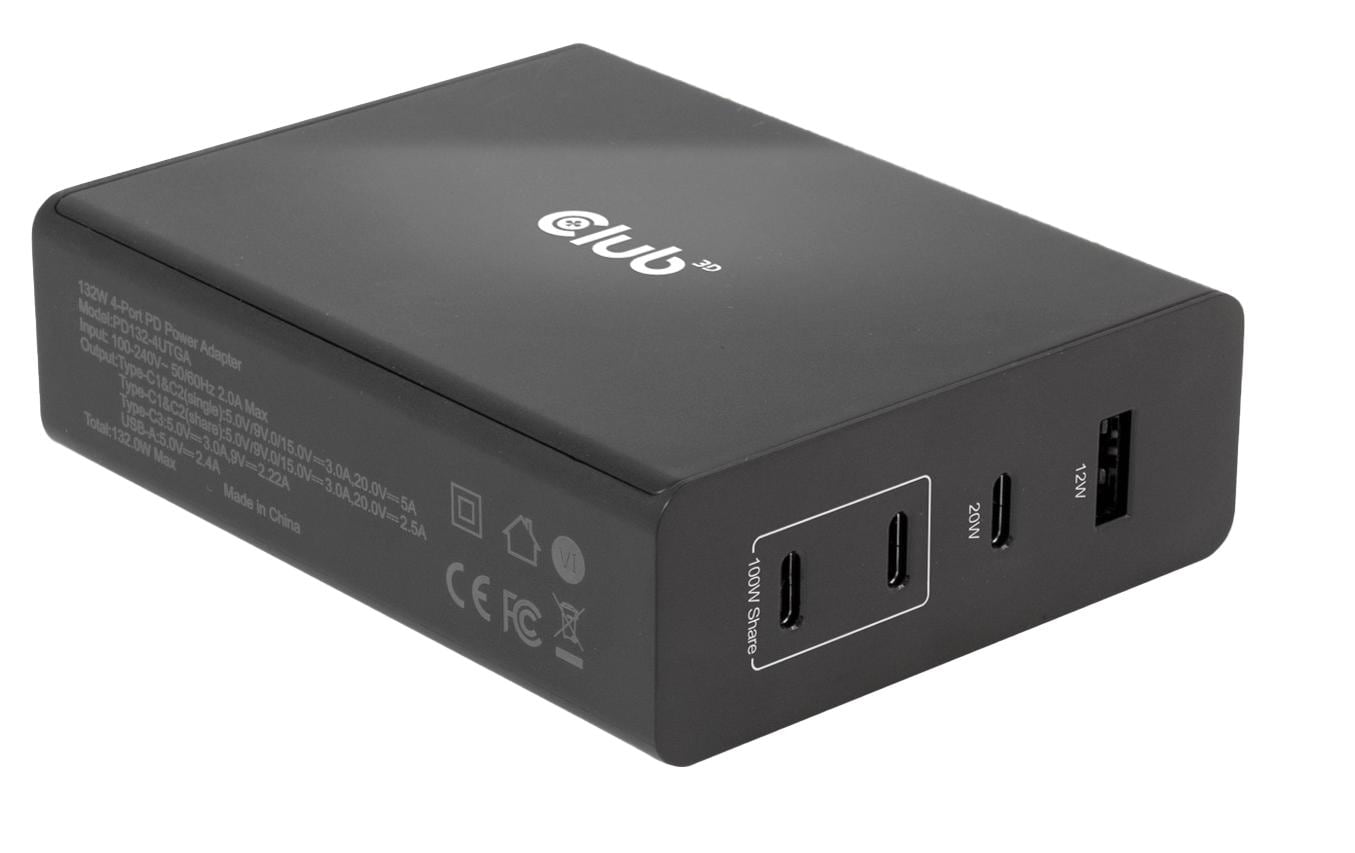 CLUB3D Club 3D Ladegerät – 132 W, 1× USB-A + 3× USB-C, PD, GaN