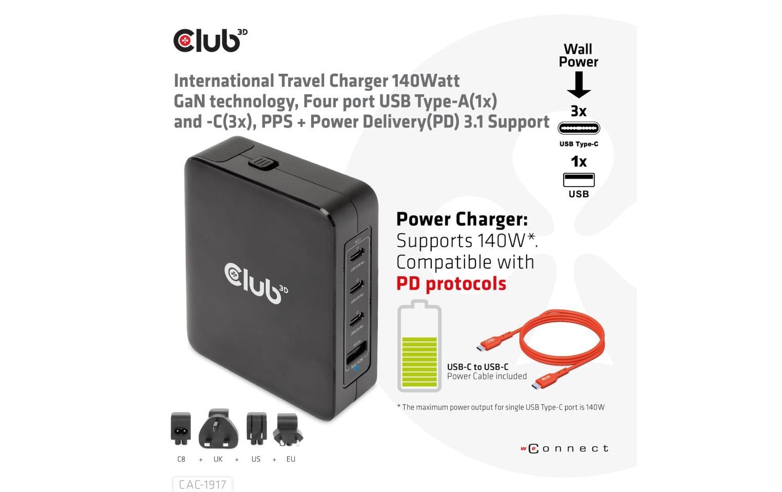 CLUB3D CAC-1917 USB-Desktop-Ladegerät 140 W – USB-C×3, USB-A×1 – PD, GaN
