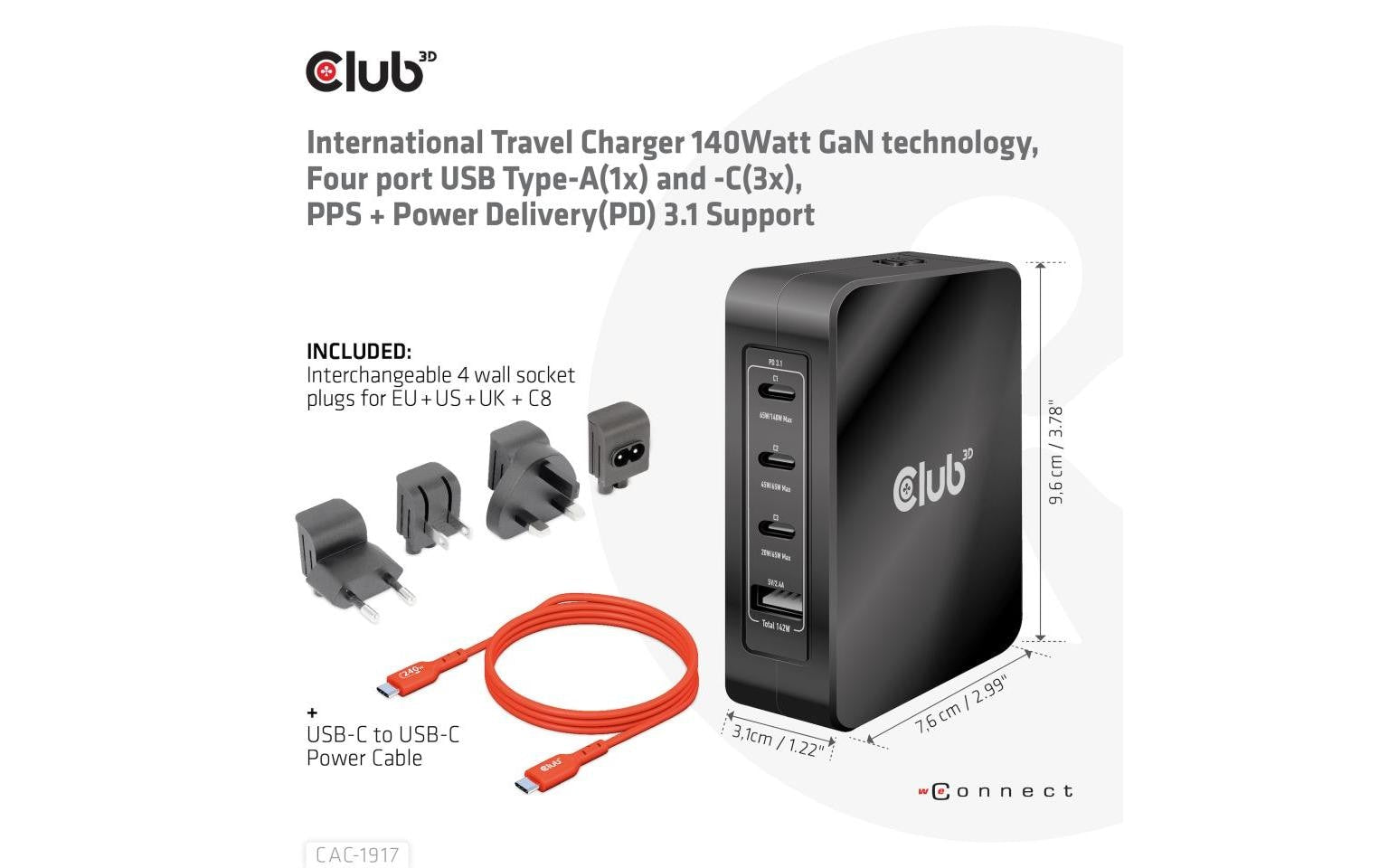 CLUB3D CAC-1917 USB-Desktop-Ladegerät 140 W – USB-C×3, USB-A×1 – PD, GaN