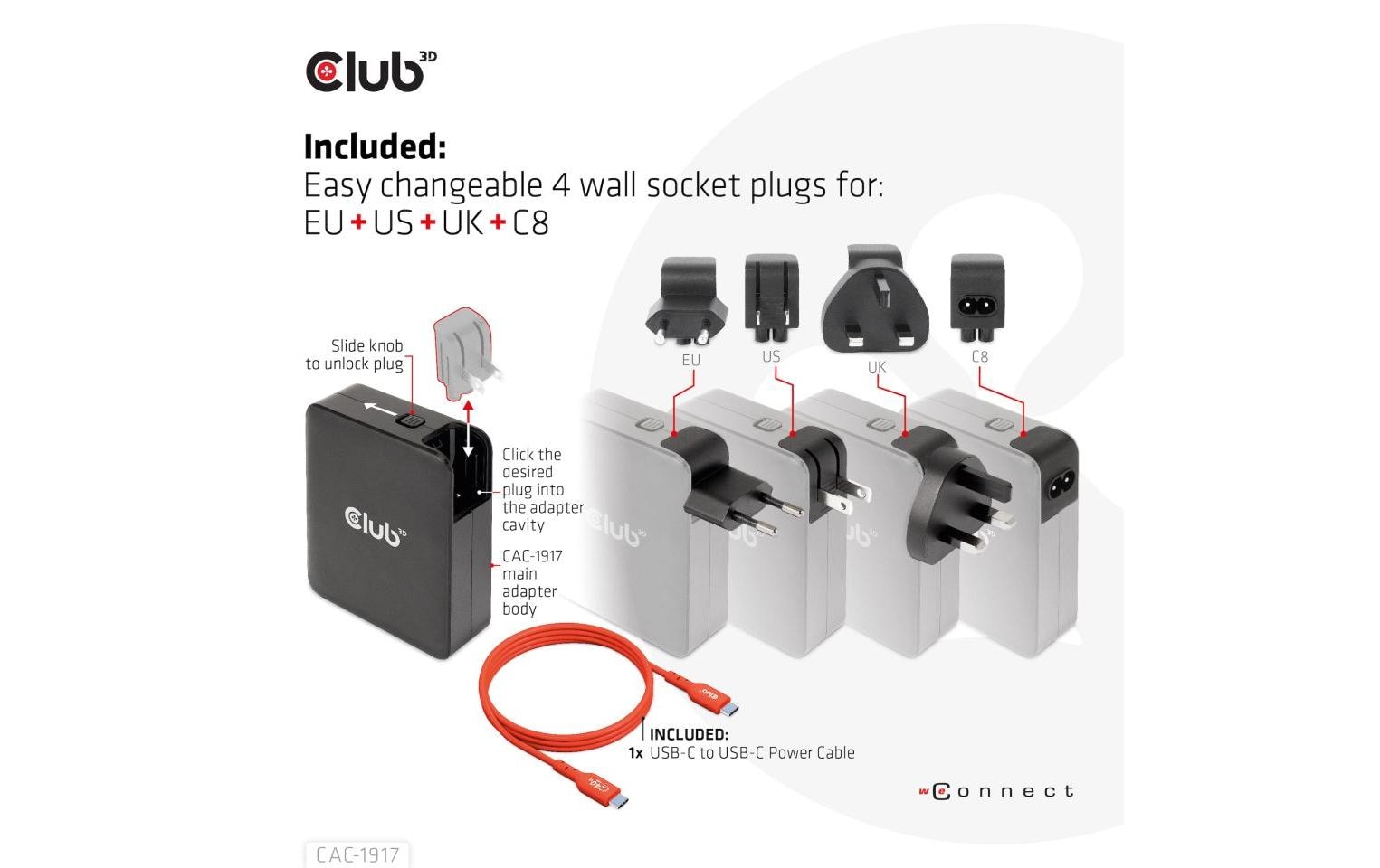 CLUB3D CAC-1917 USB-Desktop-Ladegerät 140 W – USB-C×3, USB-A×1 – PD, GaN