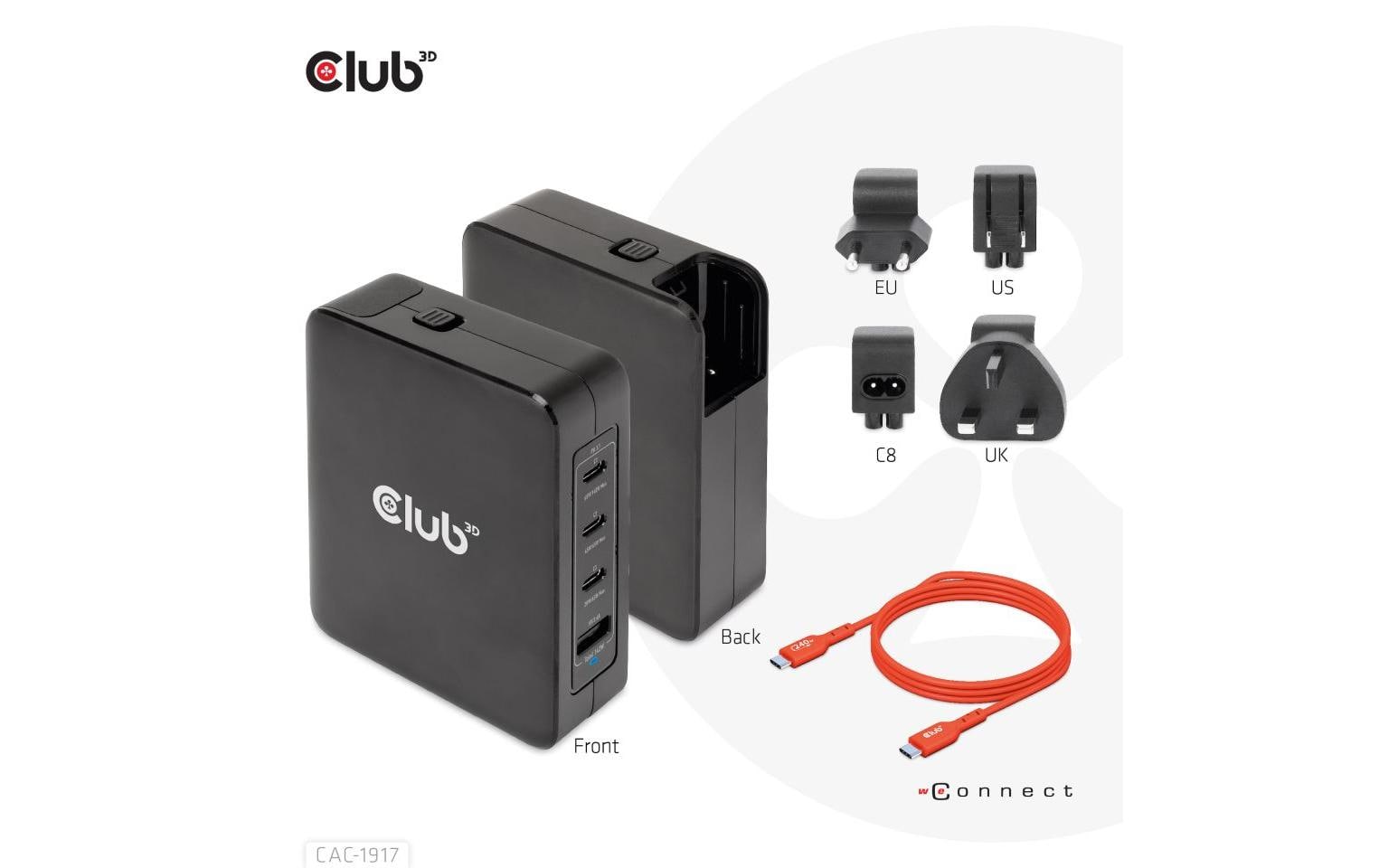 CLUB3D CAC-1917 USB-Desktop-Ladegerät 140 W – USB-C×3, USB-A×1 – PD, GaN