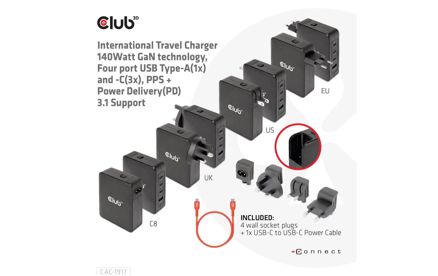 CLUB3D CAC-1917 USB-Desktop-Ladegerät 140 W – USB-C×3, USB-A×1 – PD, GaN
