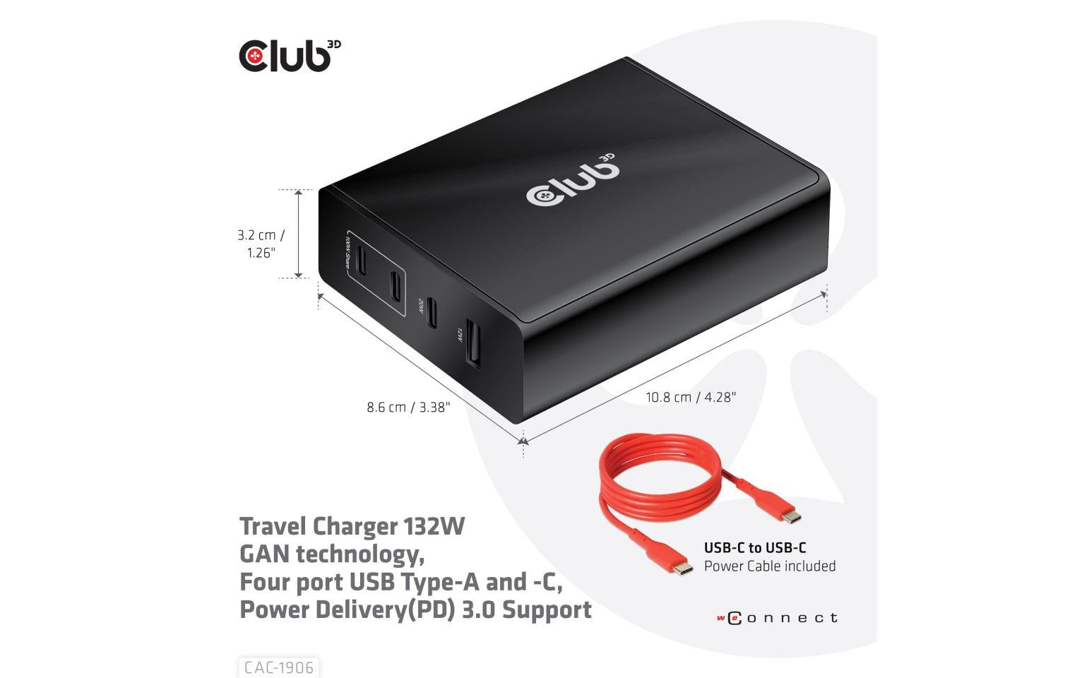 CLUB3D Club 3D Ladegerät – 132 W, 1× USB-A + 3× USB-C, PD, GaN