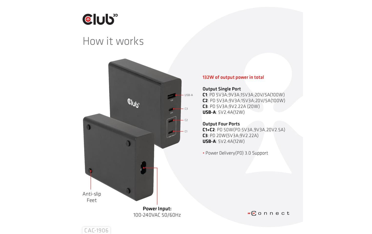 CLUB3D Club 3D Ladegerät – 132 W, 1× USB-A + 3× USB-C, PD, GaN