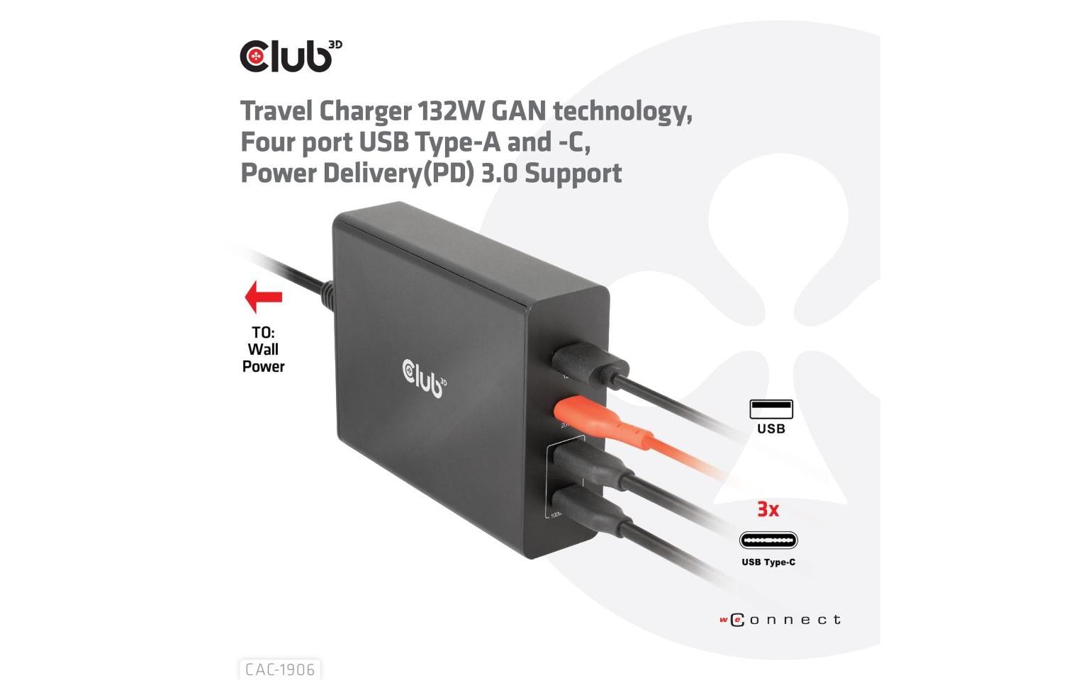 CLUB3D Club 3D Ladegerät – 132 W, 1× USB-A + 3× USB-C, PD, GaN