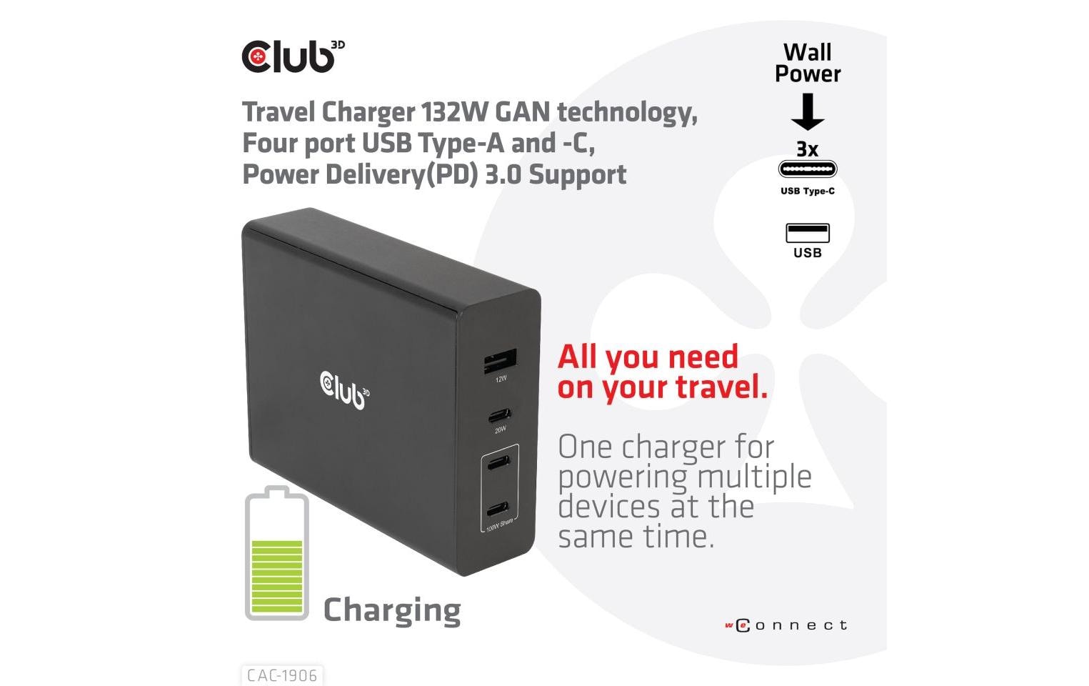 CLUB3D Club 3D Ladegerät – 132 W, 1× USB-A + 3× USB-C, PD, GaN