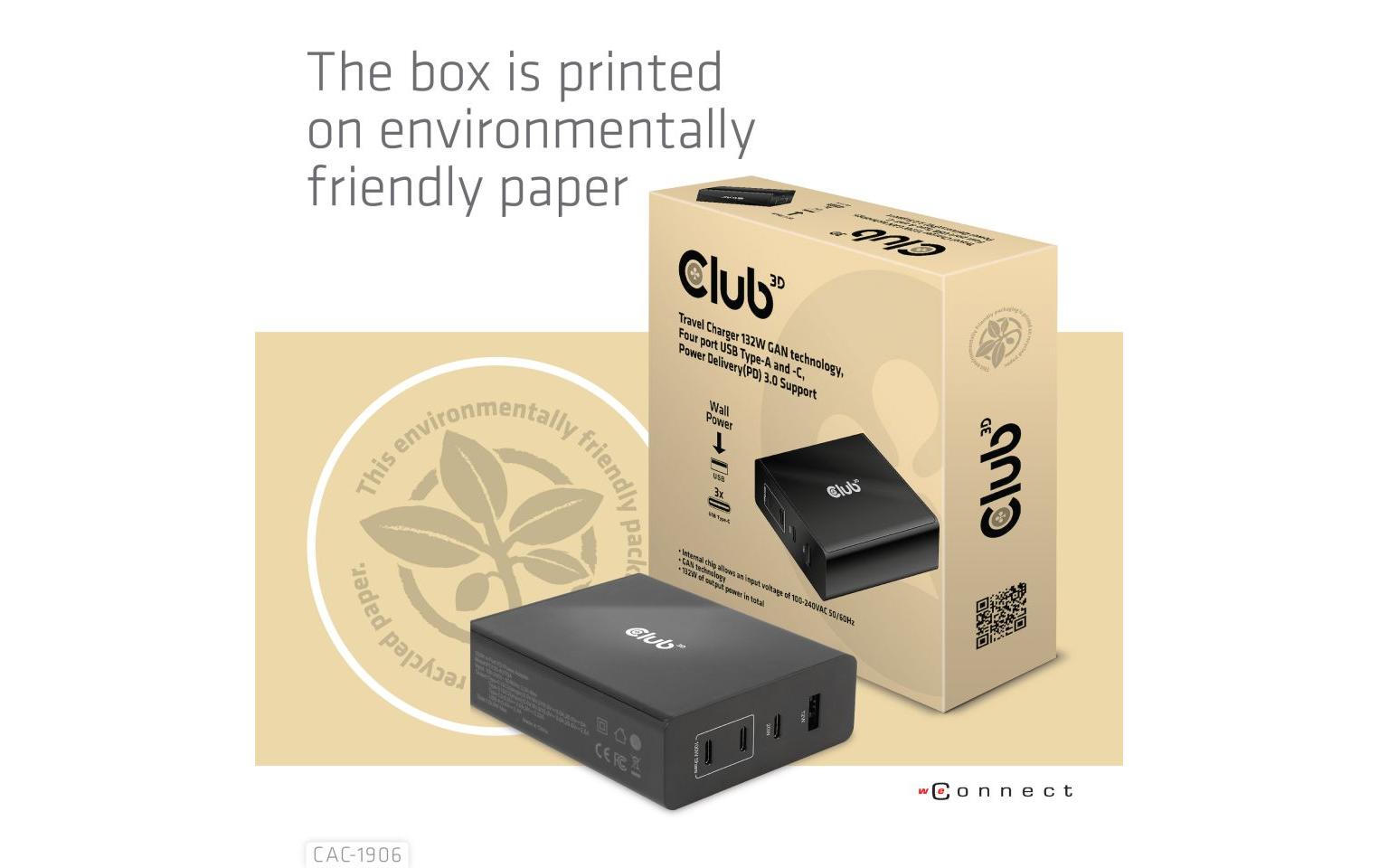 CLUB3D Club 3D Ladegerät – 132 W, 1× USB-A + 3× USB-C, PD, GaN