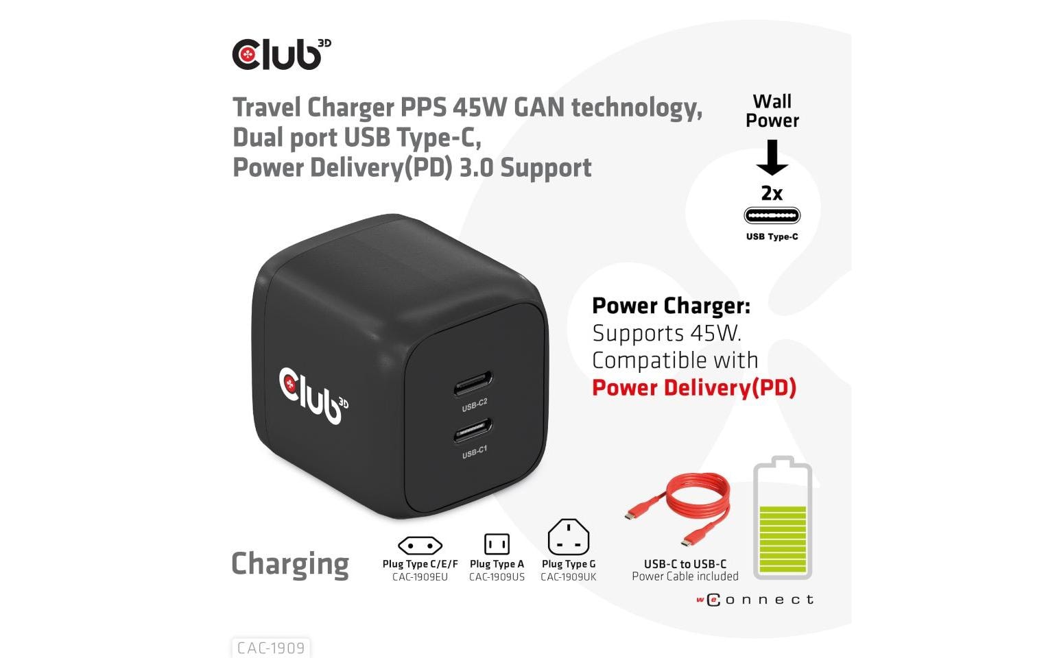 CLUB3D Club 3D USB-Ladegerät 100 W – USB-C×2 – PD, PPS, GaN