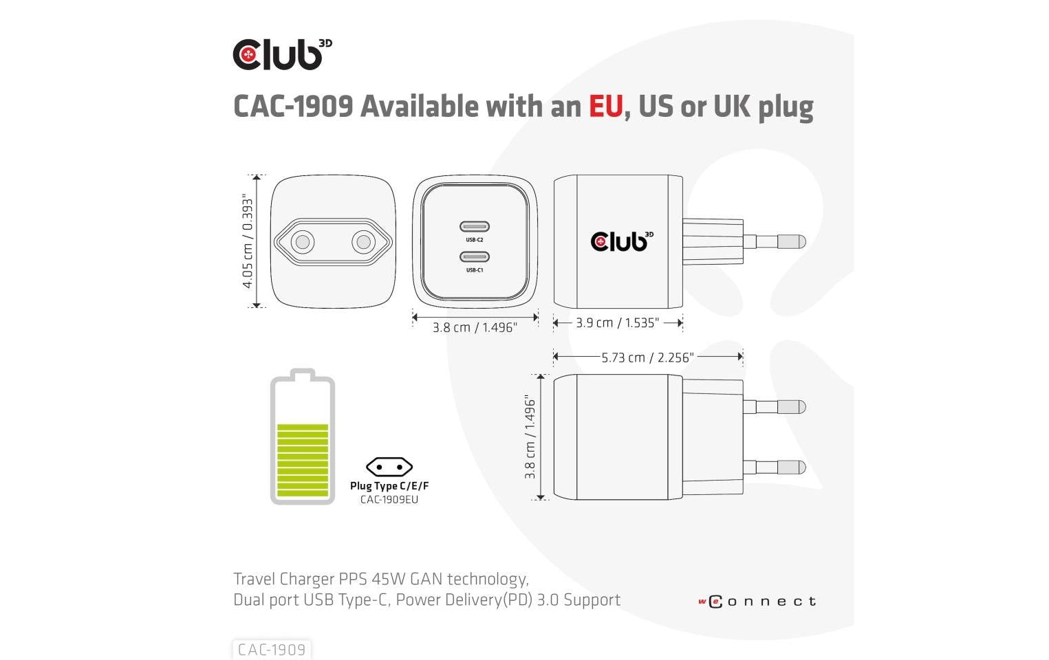 CLUB3D Club 3D USB-Ladegerät 100 W – USB-C×2 – PD, PPS, GaN