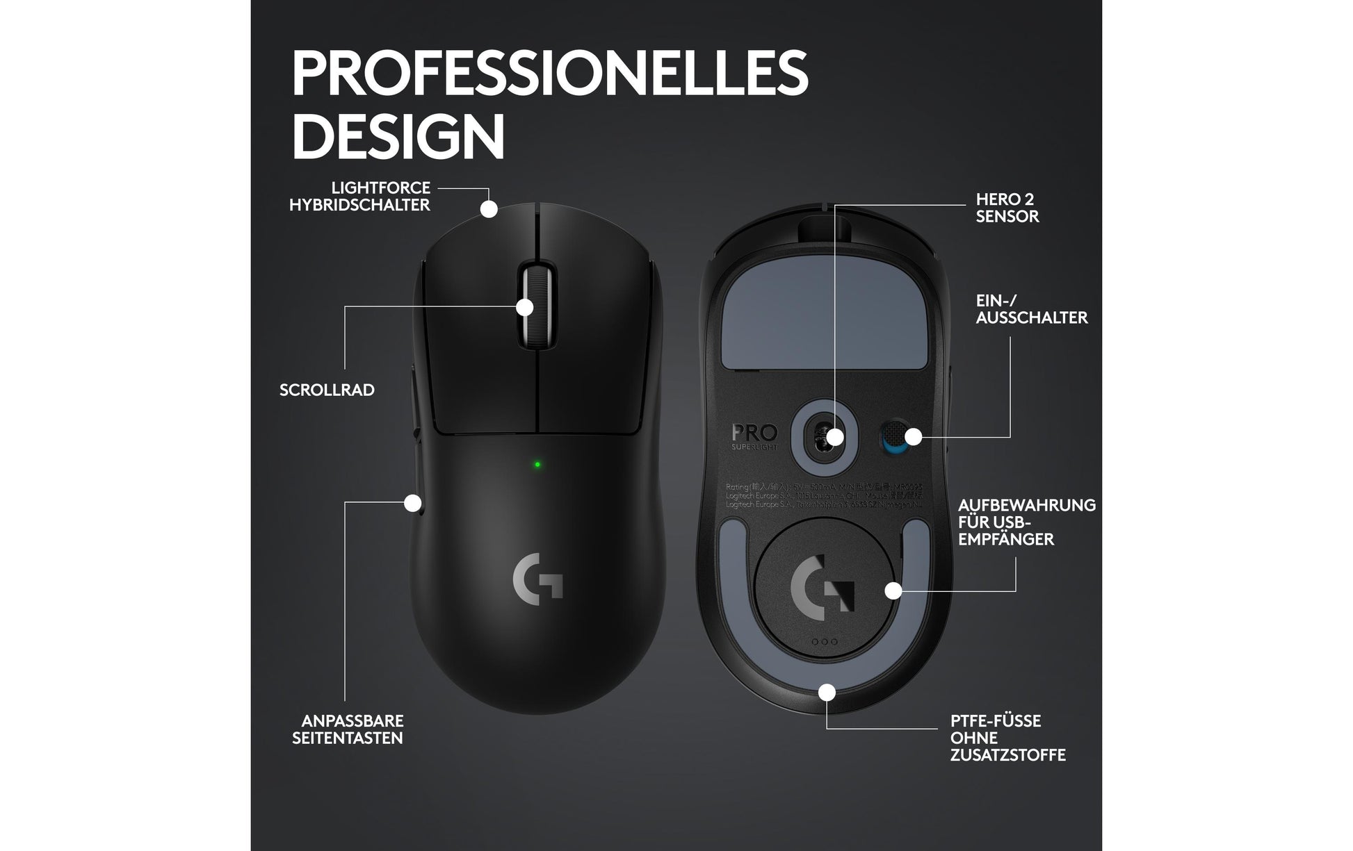 Logitech G PRO X SUPERLIGHT 2 – Gaming-Maus – Kabellos (2,4 GHz), 32000 DPI, Rechts, Schwarz