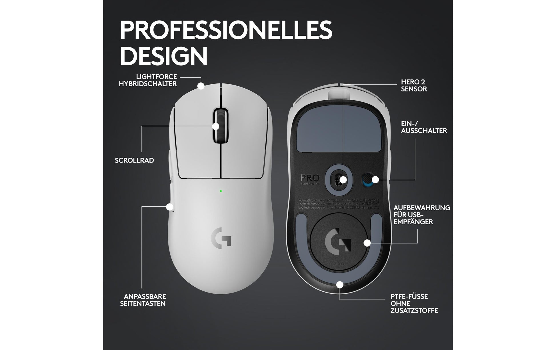 Logitech G PRO X SUPERLIGHT 2 – Gaming-Maus – Kabellos (2,4 GHz), 32000 DPI, Rechts, Weiss