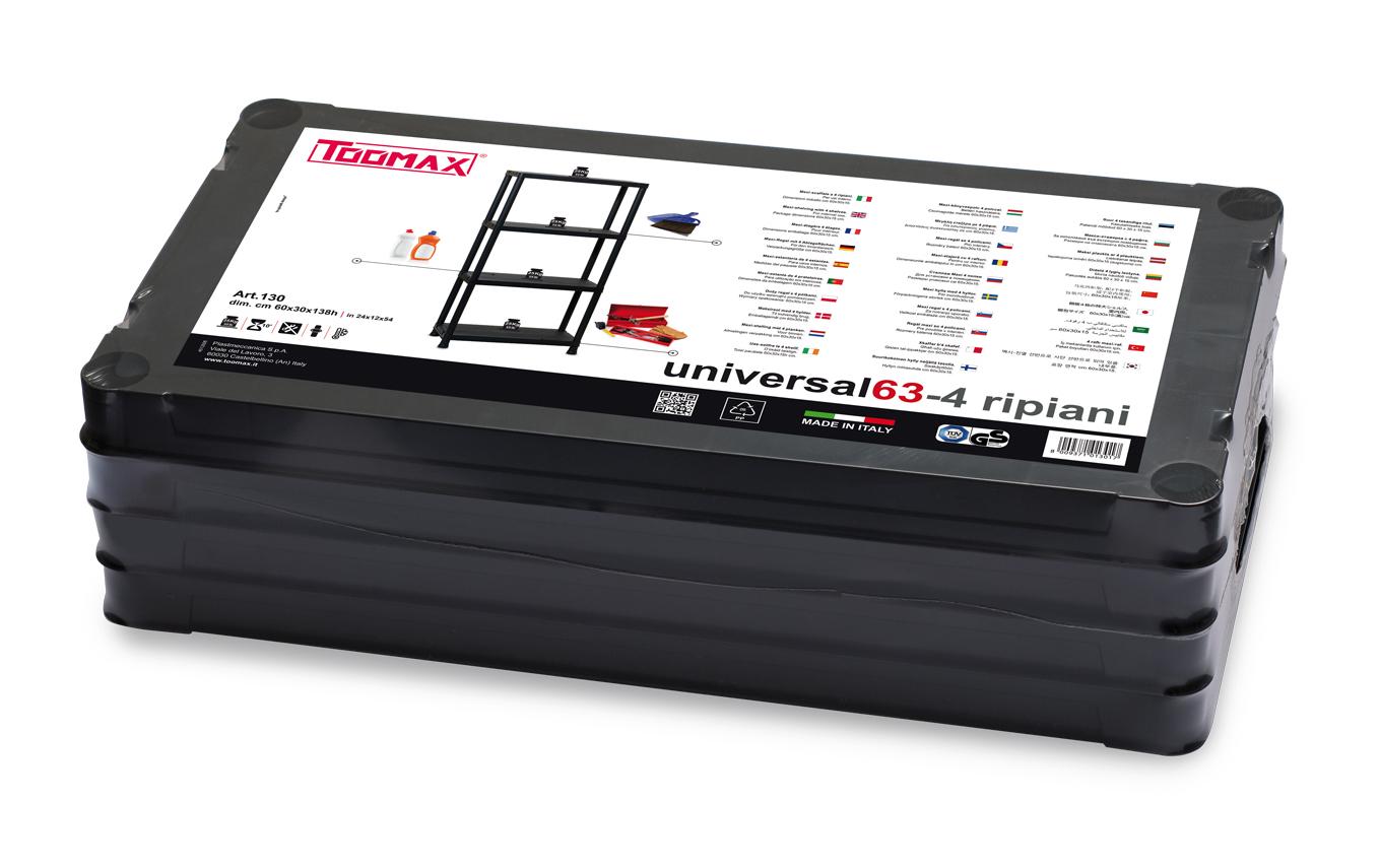 Toomax Eckregal, UNIVERSAL 63 – freistehend – 4 Böden – 60 × 30 × 138 cm – 25 kg/Boden – schwarz – Kunststoff