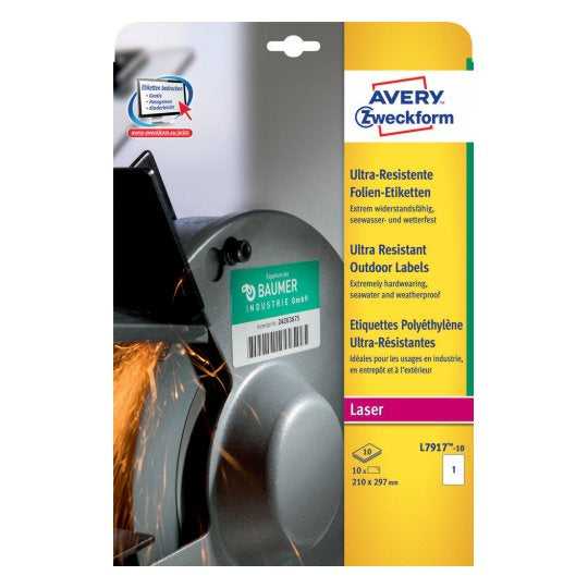 Avery Drucketiketten, 210 mm × 297 mm, weiss, Folie, extra stark, 10 Blatt