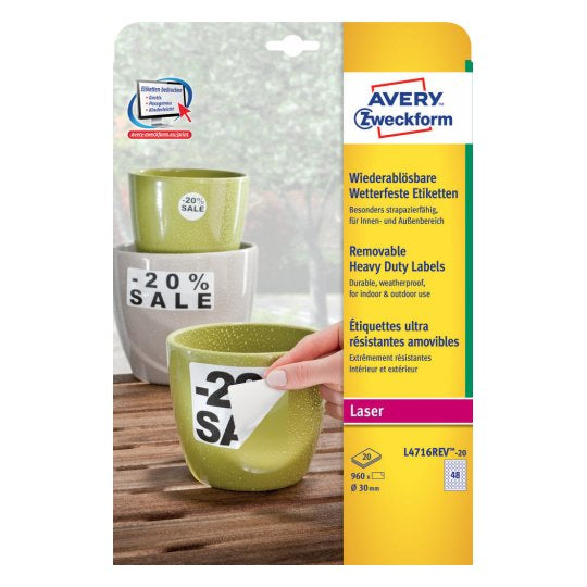 Avery Druckeretiketten, Ø 30 mm, weiss, Folie, extra stark, 20 Blatt (960 Etiketten)