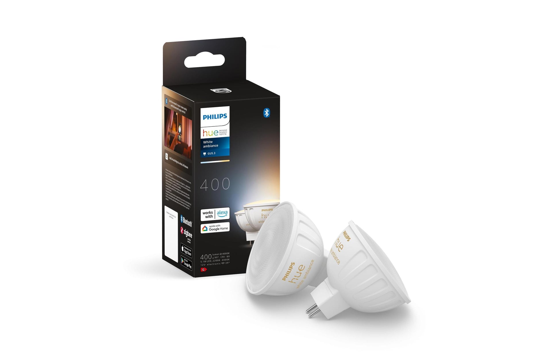Philips Hue Smart-Leuchtmittel GU5.3 MR16 – 2000–6500 K, 400 lm, 5,1 W, Zigbee – für Philips Hue – 2 Stk.