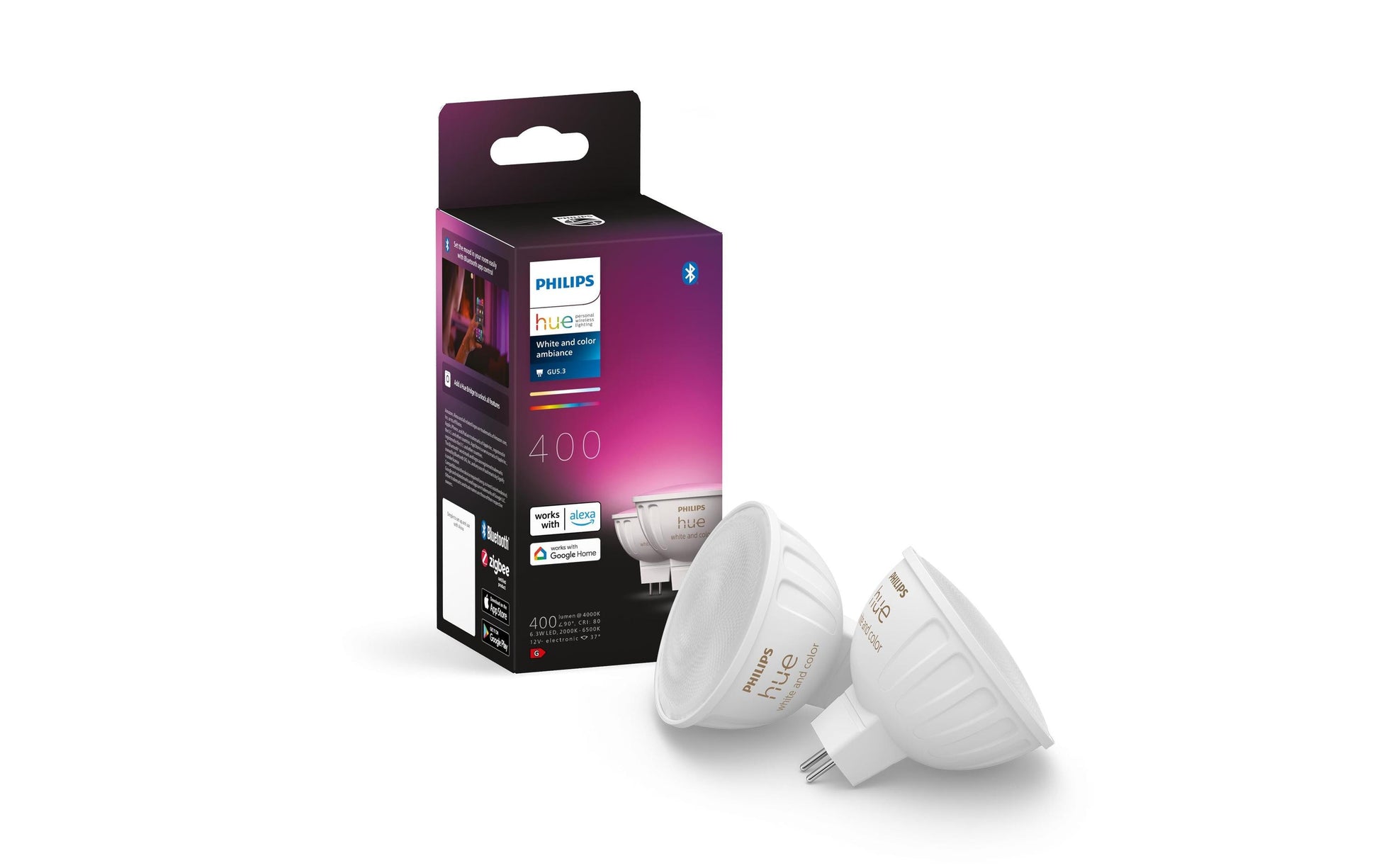 Philips Hue LED-Reflektor MR16 GU5.3 2er-Pack – 6,3 W dimmbar, 400 lm, 2000–6500 K, für Zigbee