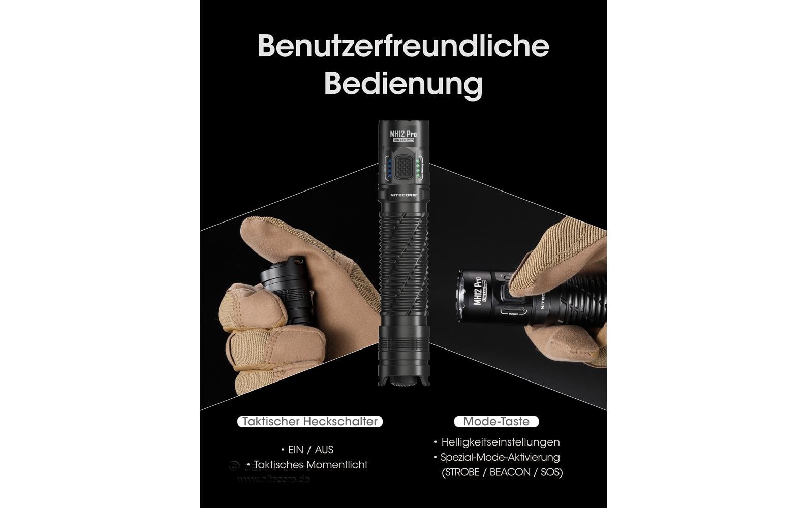 Nitecore Taschenlampe MH12 Pro – 3300 lm, 505 m, IP68, USB, Akku 5300 mAh – Schwarz