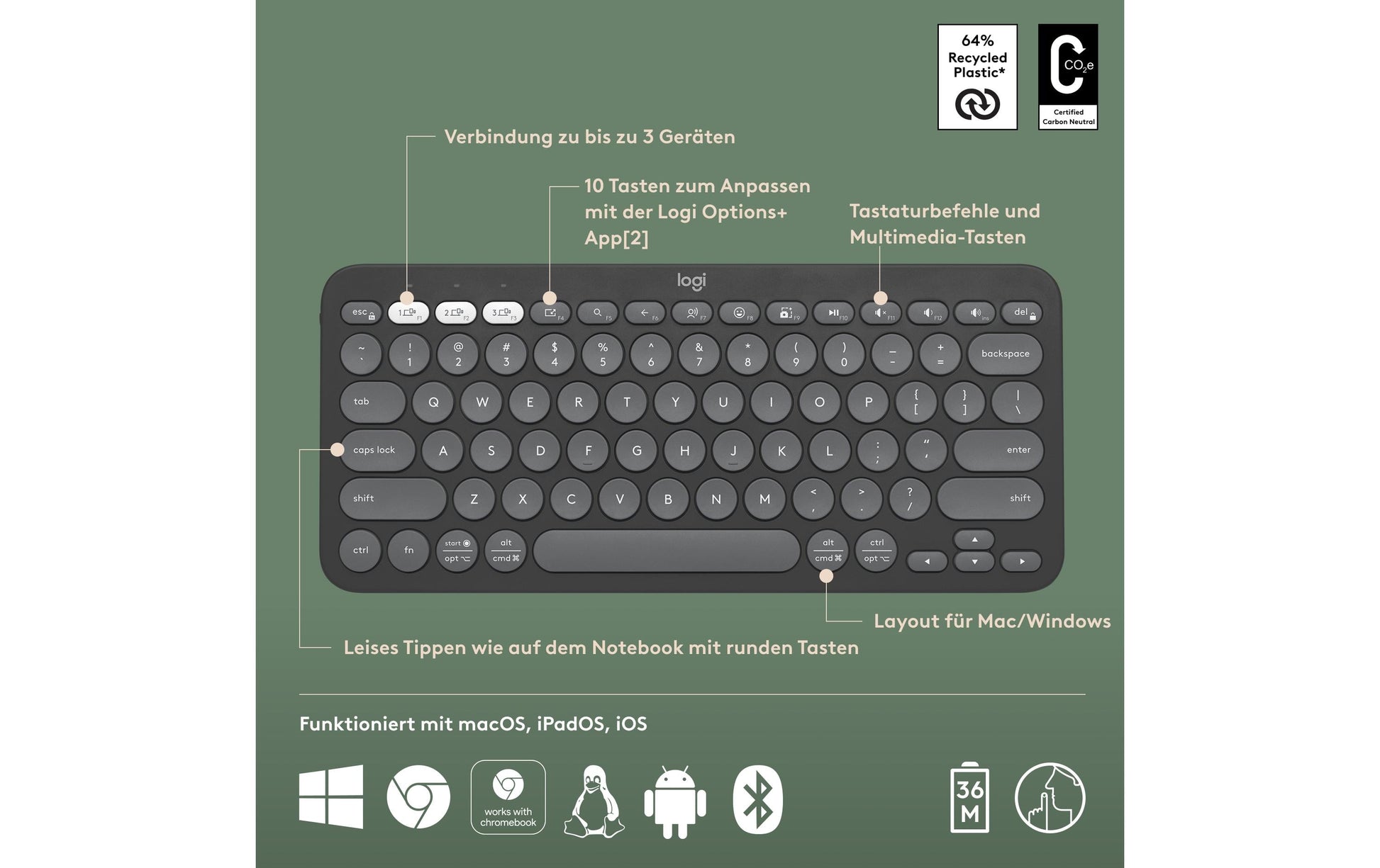 Logitech Pebble Keys 2 K380s – Tastatur, kabellos (Bluetooth), CH-Layout (DE-CH), Graphit
