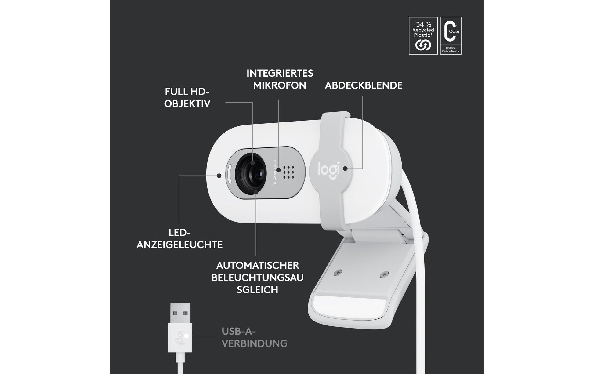 Logitech Brio 100 – Webcam – Full HD 1080p, USB, Off-White