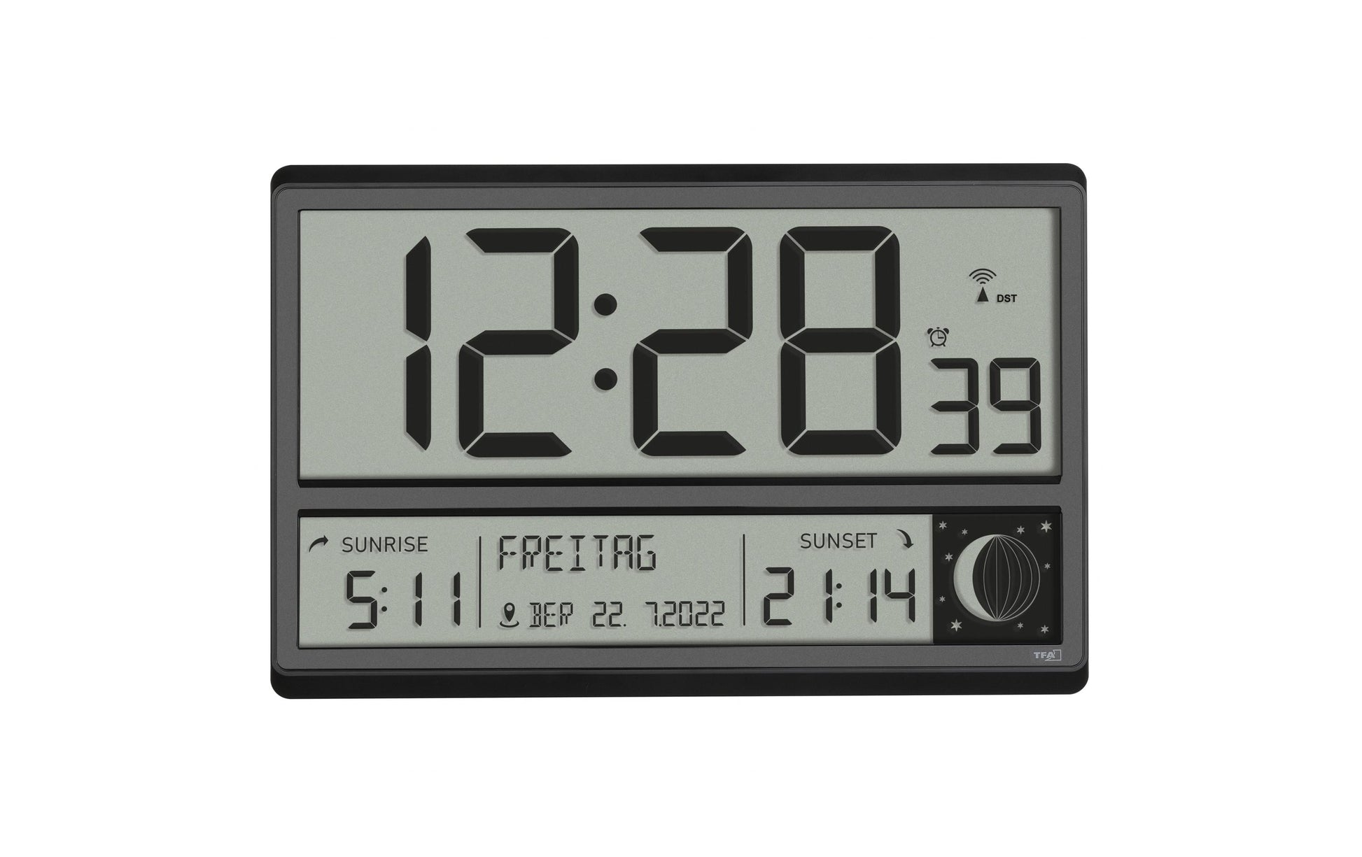 TFA-Dostmann TFA Dostmann Wanduhr – Digital, Funk, lautlos, 36 × 23,5 × 2,8 cm, Schwarz