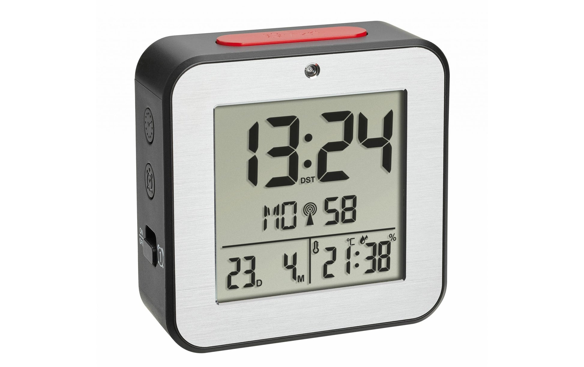 TFA-Dostmann TFA Dostmann Digitaler Wecker – Funk, Thermometer, 8,2 × 8,2 × 3,3 cm, Schwarz, Kunststoff