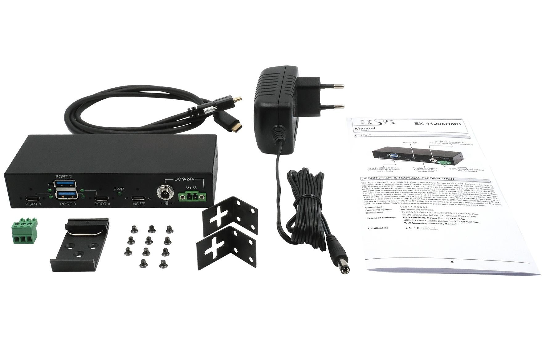 EXSYS EX-11295HMS USB-Hub – USB-C, 2× USB-A, für Windows/Mac/Linux