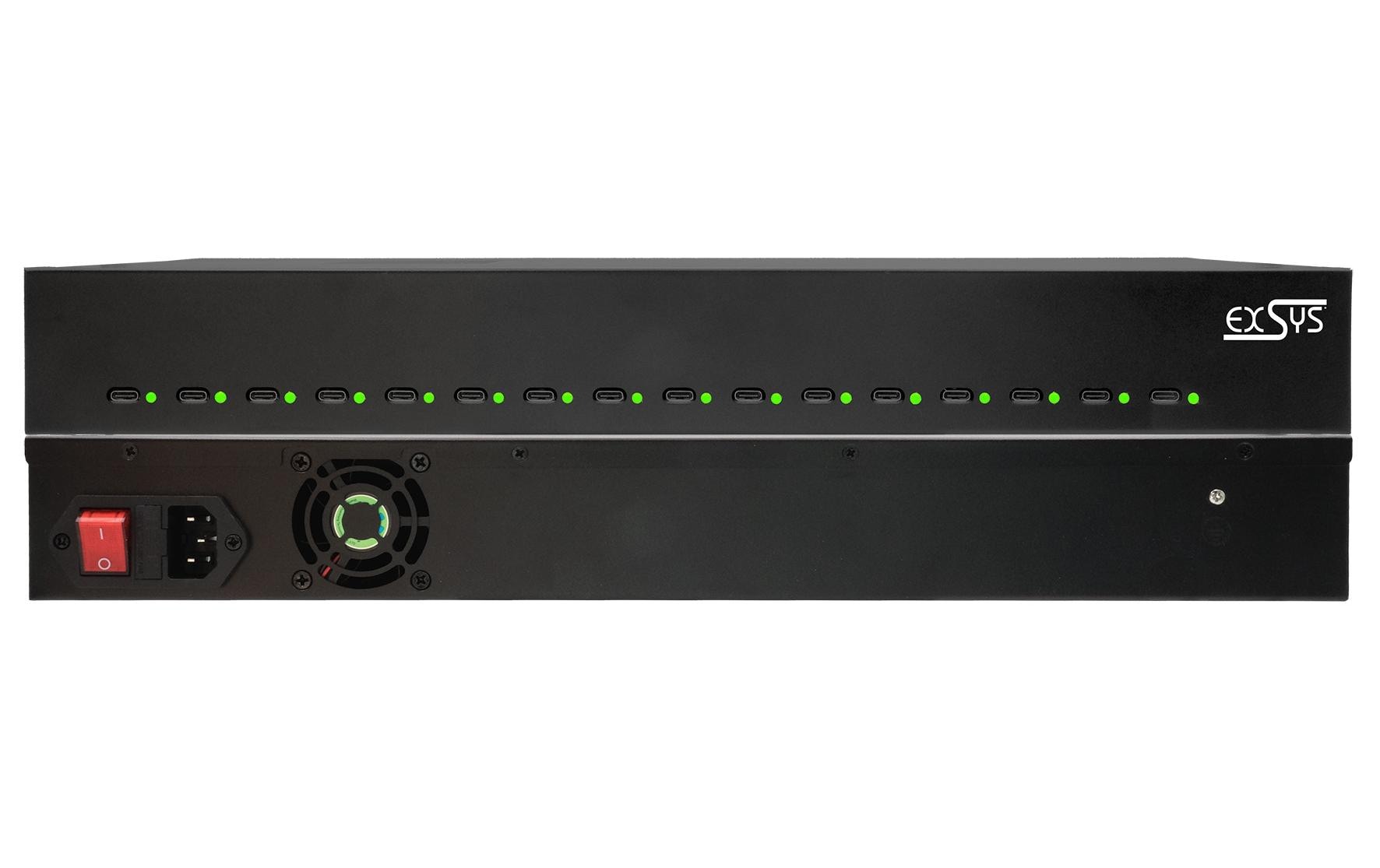 EXSYS EX-11016 USB-Desktop-Ladegerät 480 W – PD 3.0, QC 3.0 – Rack – USB-C×16 – für Android, iOS – Schwarz