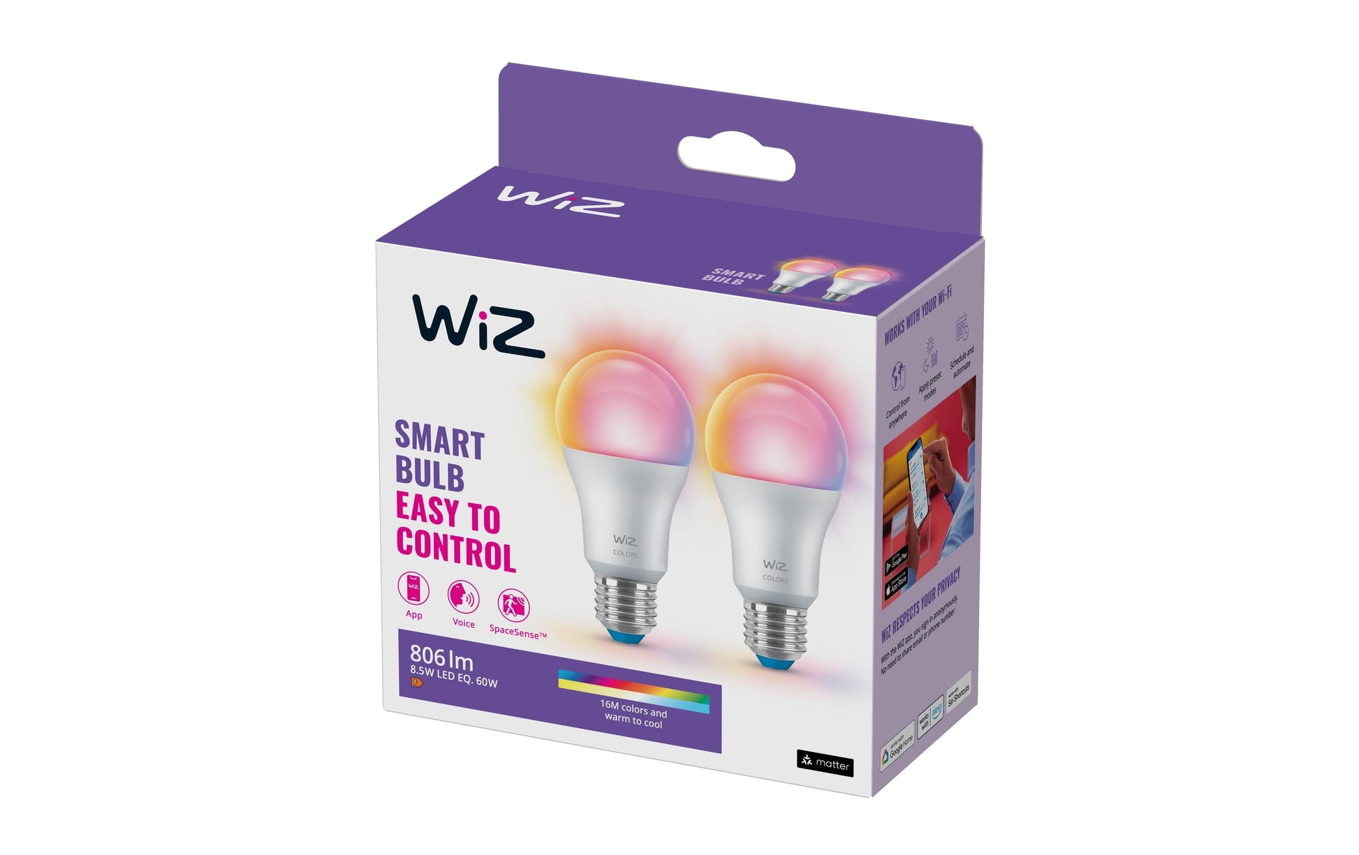 WiZ Smart-Leuchtmittel E27 A60 – RGB+CCT (2200–6500 K), 806 lm, 8,5 W, WLAN – für WiZ – 2 Stk.