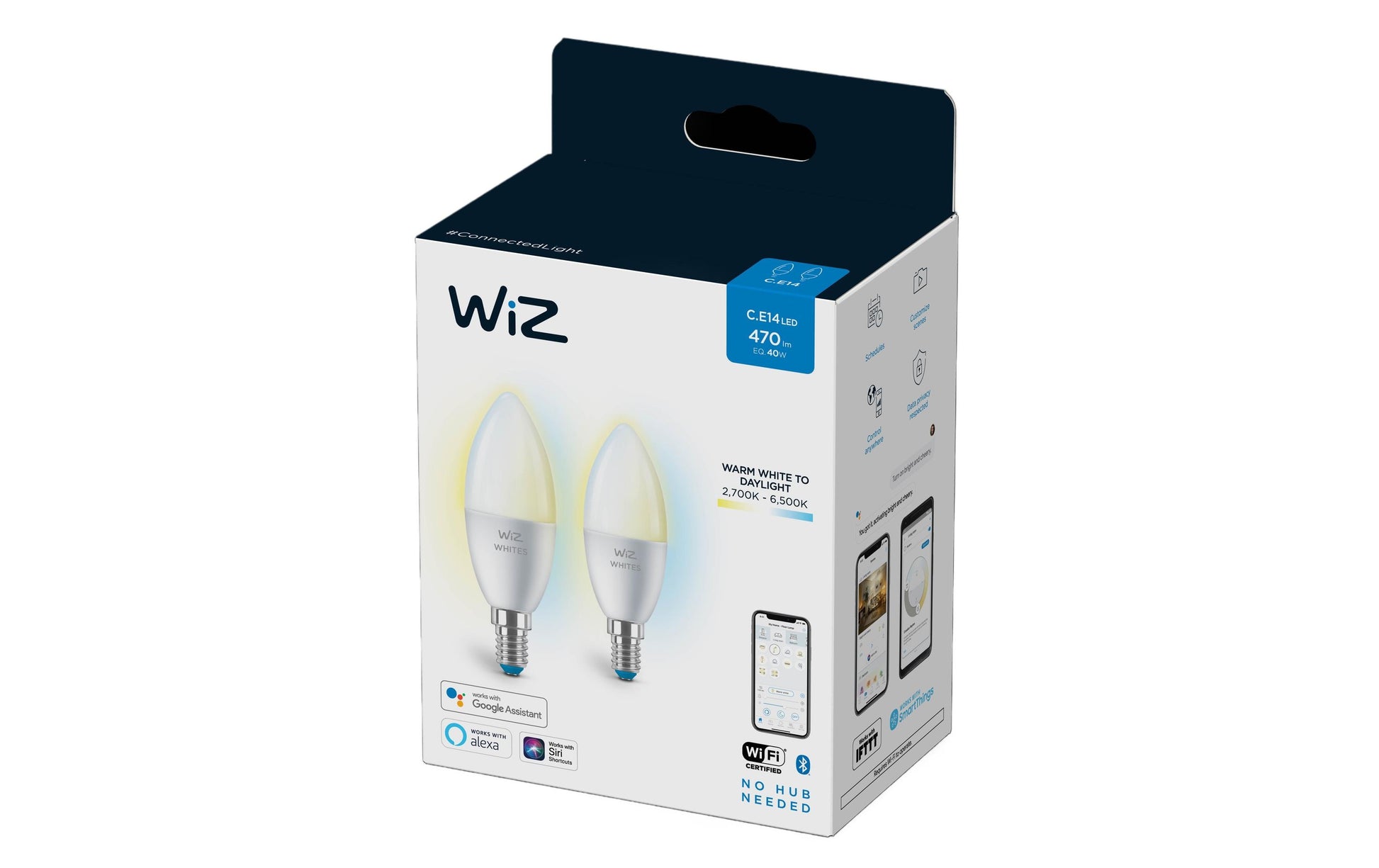 WiZ Leuchtmittel – E14 C37 – Tunable White 2700–6500 K, 470 lm, 4,9 W – 2er-Pack